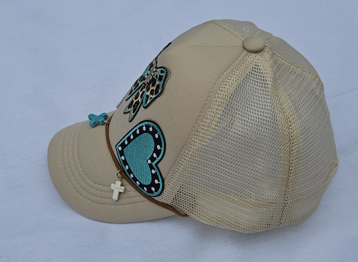 Leopard Print Turquoise Trucker Hat • Embellished Western Cowgirl Cap with Charms