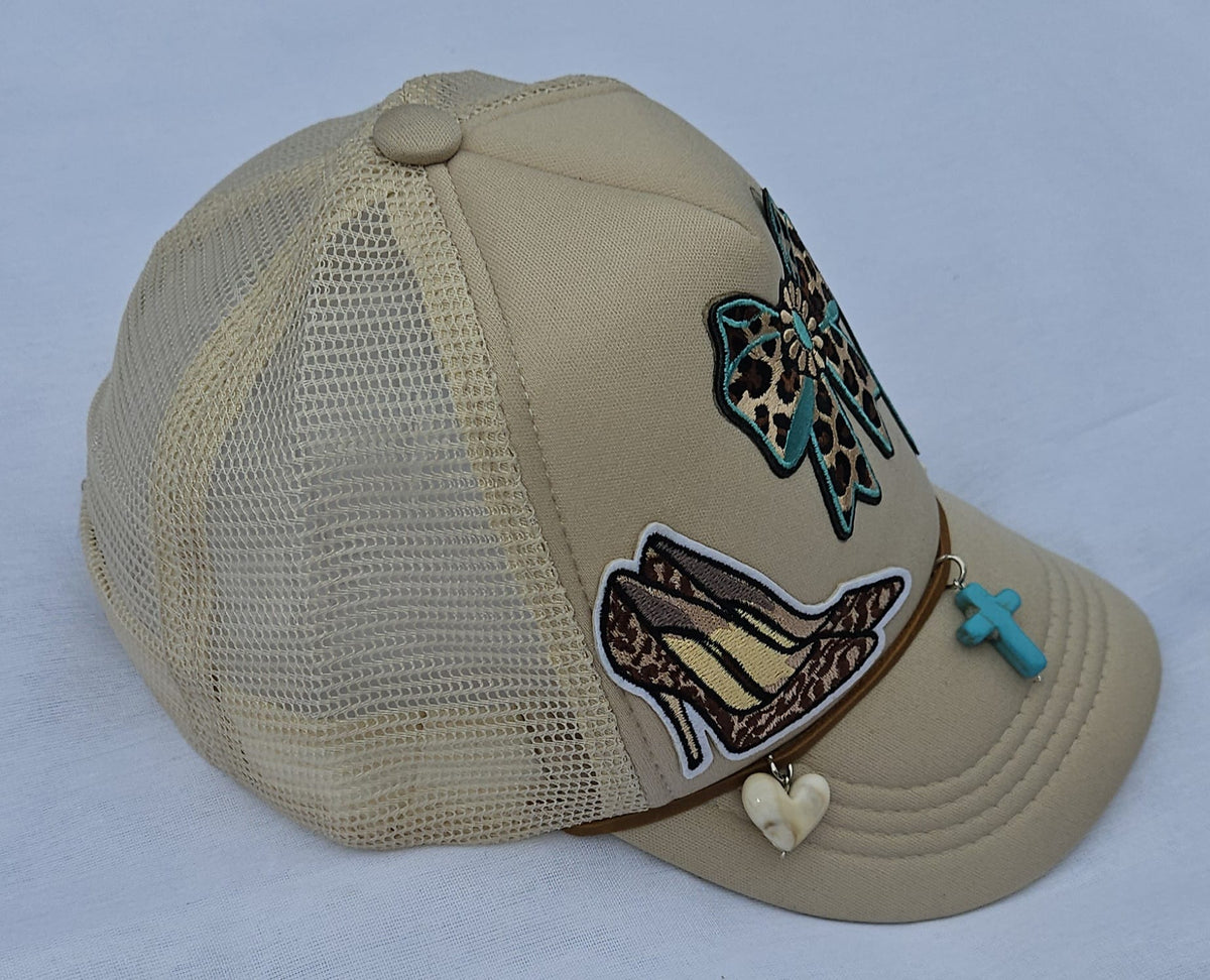 Leopard Print Turquoise Trucker Hat • Embellished Western Cowgirl Cap with Charms