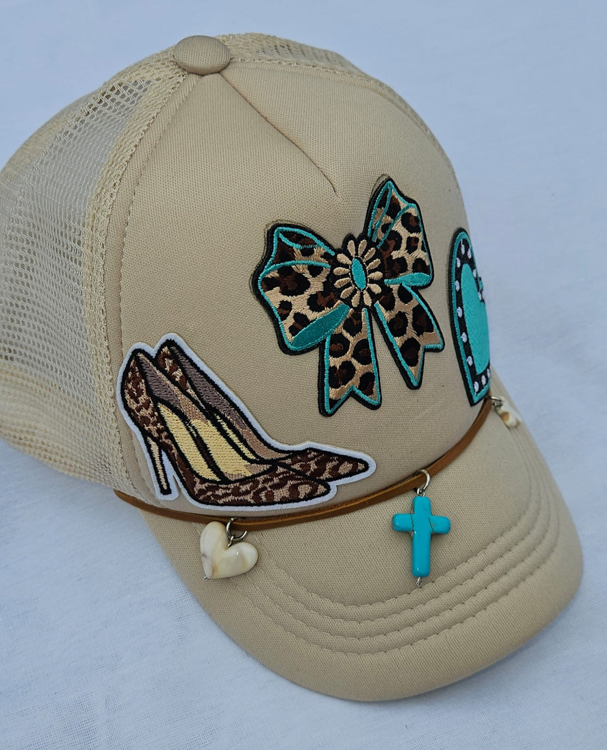 Leopard Print Turquoise Trucker Hat • Embellished Western Cowgirl Cap with Charms