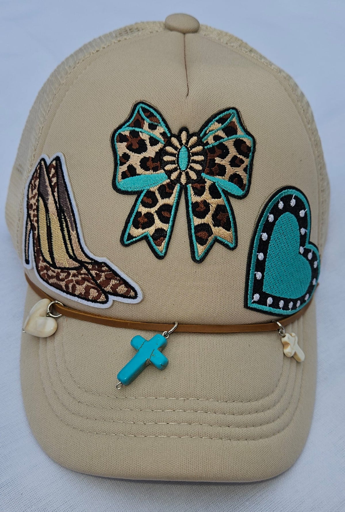 Leopard Print Turquoise Trucker Hat • Embellished Western Cowgirl Cap with Charms