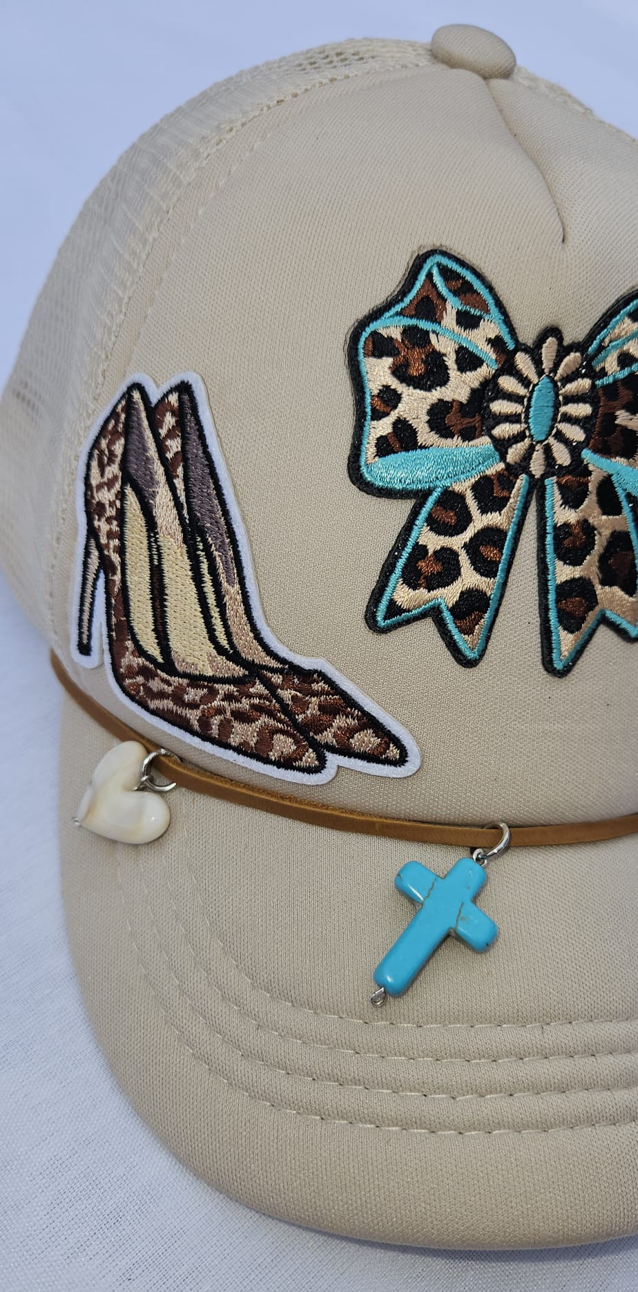 Leopard Print Turquoise Trucker Hat • Embellished Western Cowgirl Cap with Charms