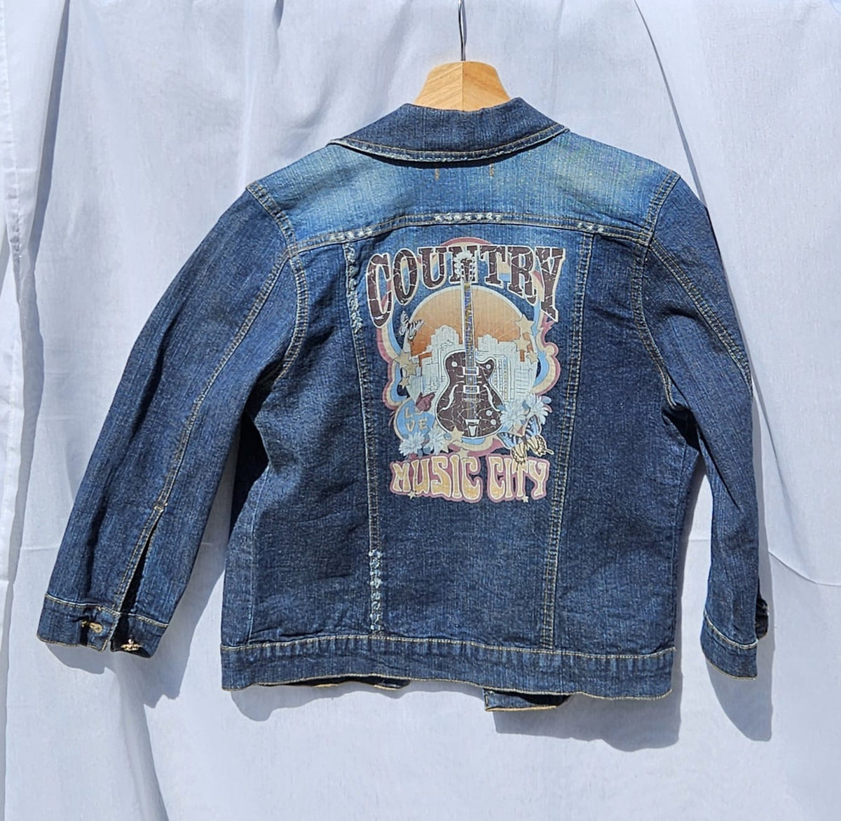 Upcycled 3/4 Sleeve Denim Jacket | HOWDY Patch, Star Embroidery, Country Music City Graphic