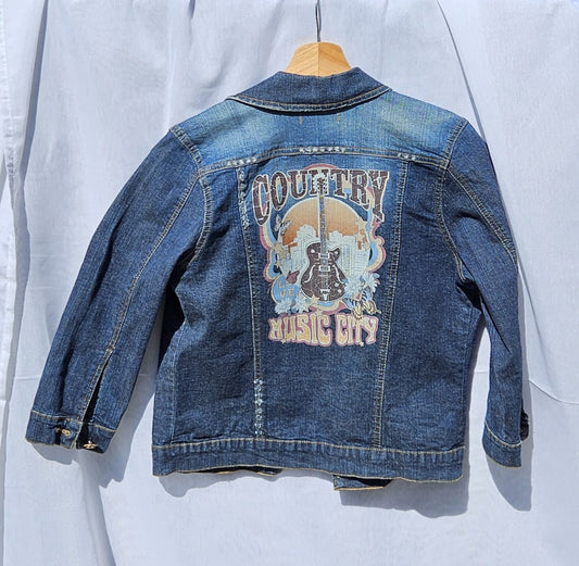 Upcycled 3/4 Sleeve Denim Jacket | HOWDY Patch, Star Embroidery, Country Music City Graphic