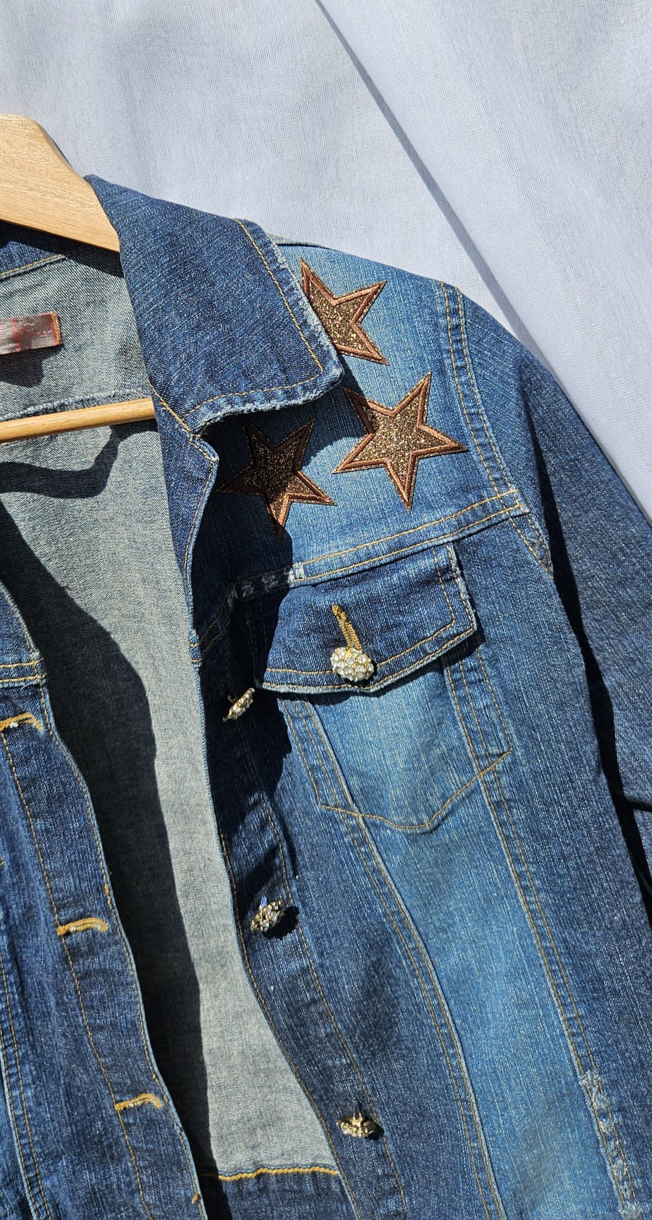 Upcycled 3/4 Sleeve Denim Jacket | HOWDY Patch, Star Embroidery, Country Music City Graphic