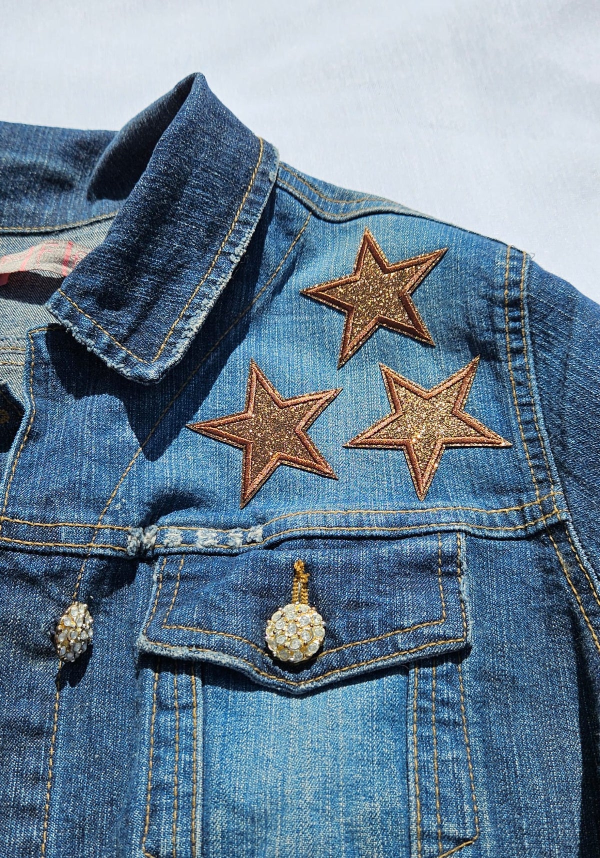Upcycled 3/4 Sleeve Denim Jacket | HOWDY Patch, Star Embroidery, Country Music City Graphic