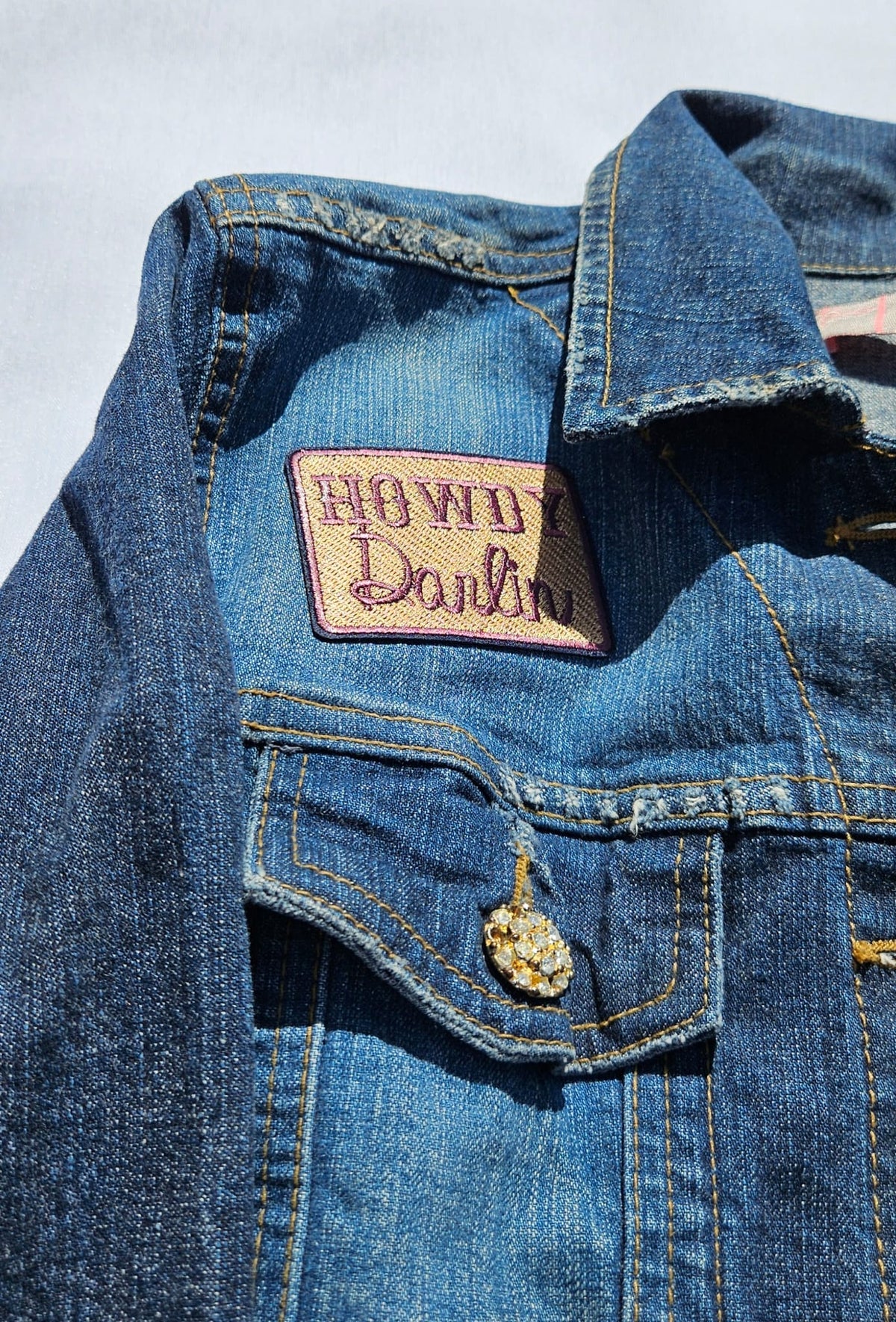Upcycled 3/4 Sleeve Denim Jacket | HOWDY Patch, Star Embroidery, Country Music City Graphic