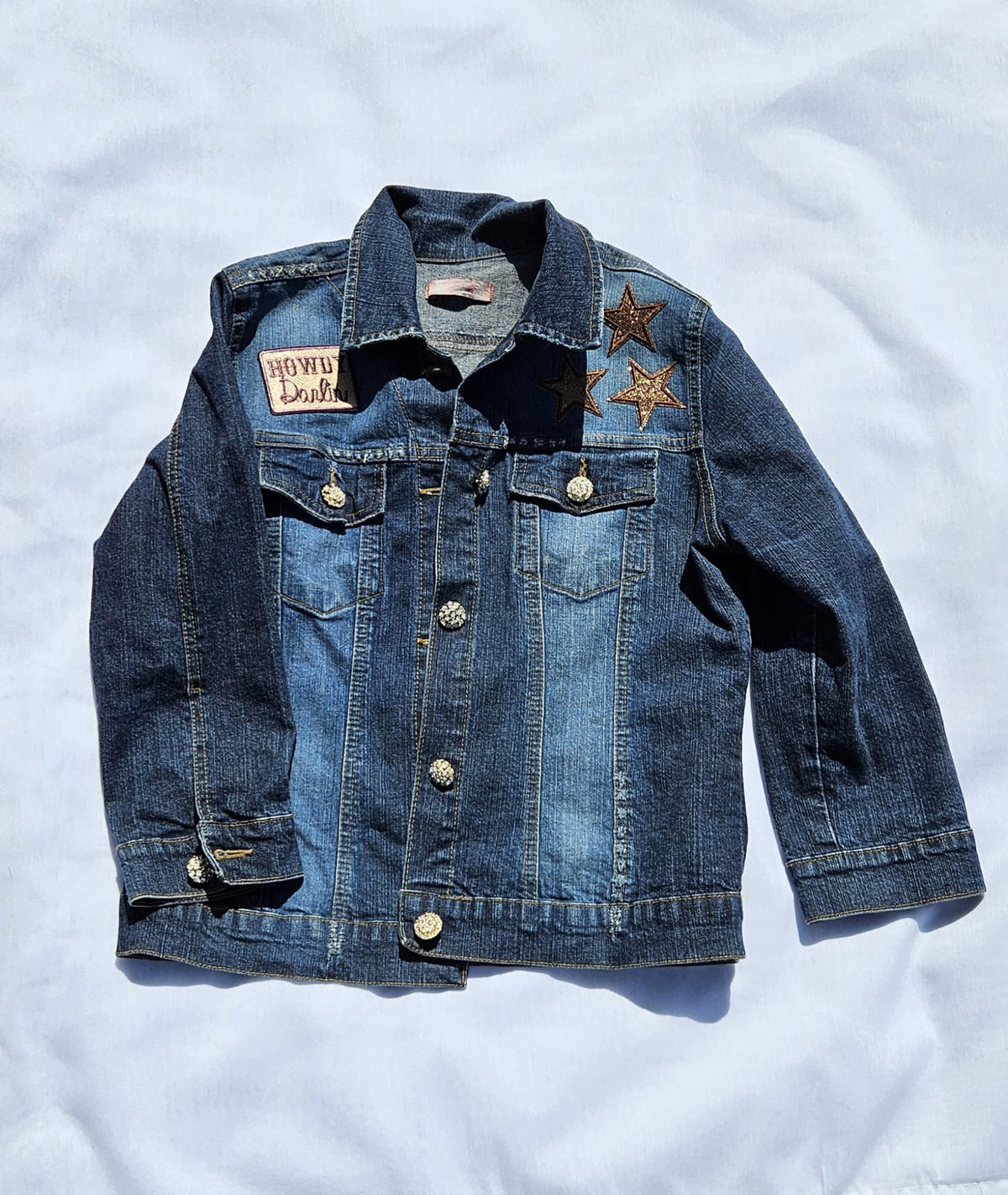 Upcycled 3/4 Sleeve Denim Jacket | HOWDY Patch, Star Embroidery, Country Music City Graphic