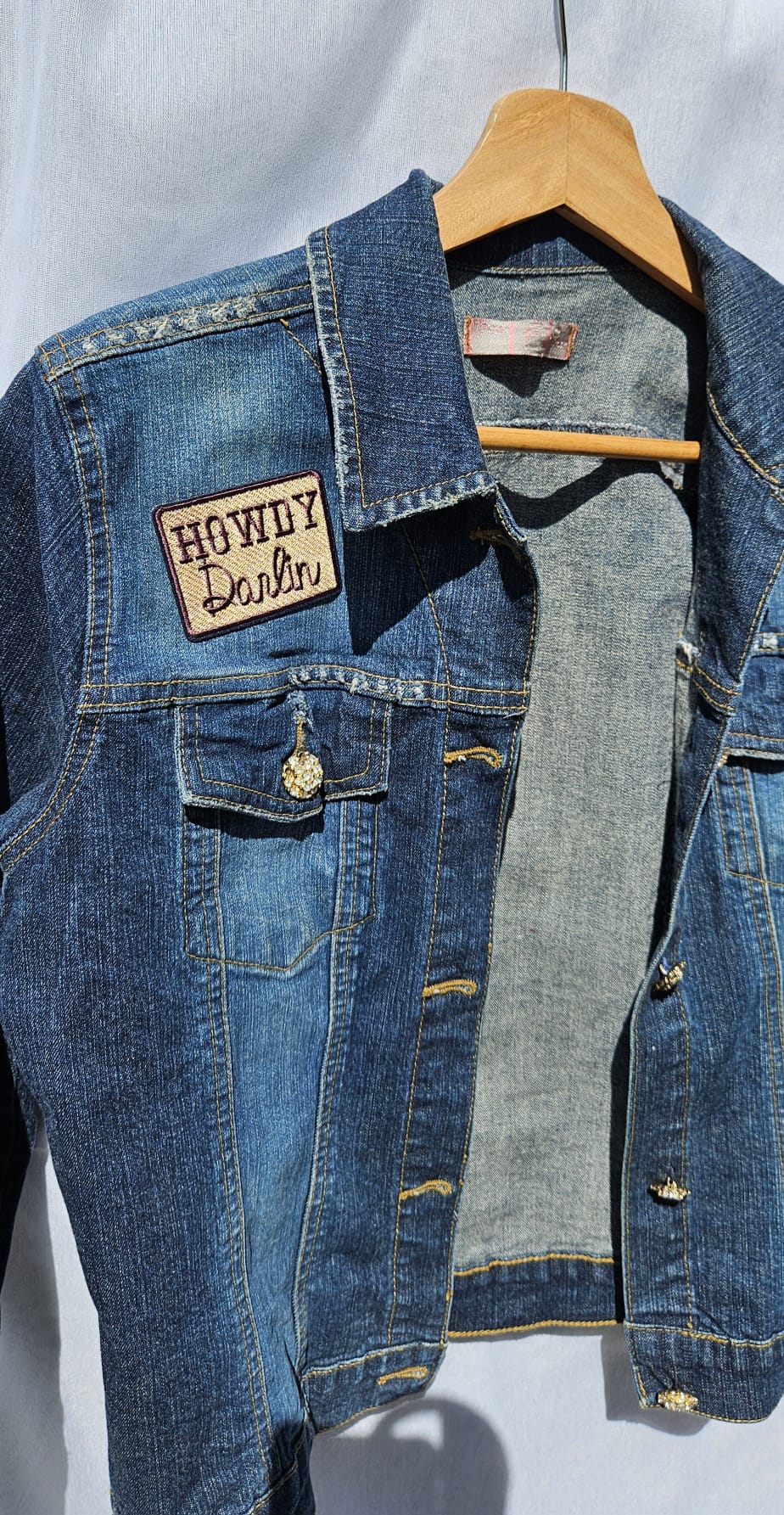 Upcycled 3/4 Sleeve Denim Jacket | HOWDY Patch, Star Embroidery, Country Music City Graphic