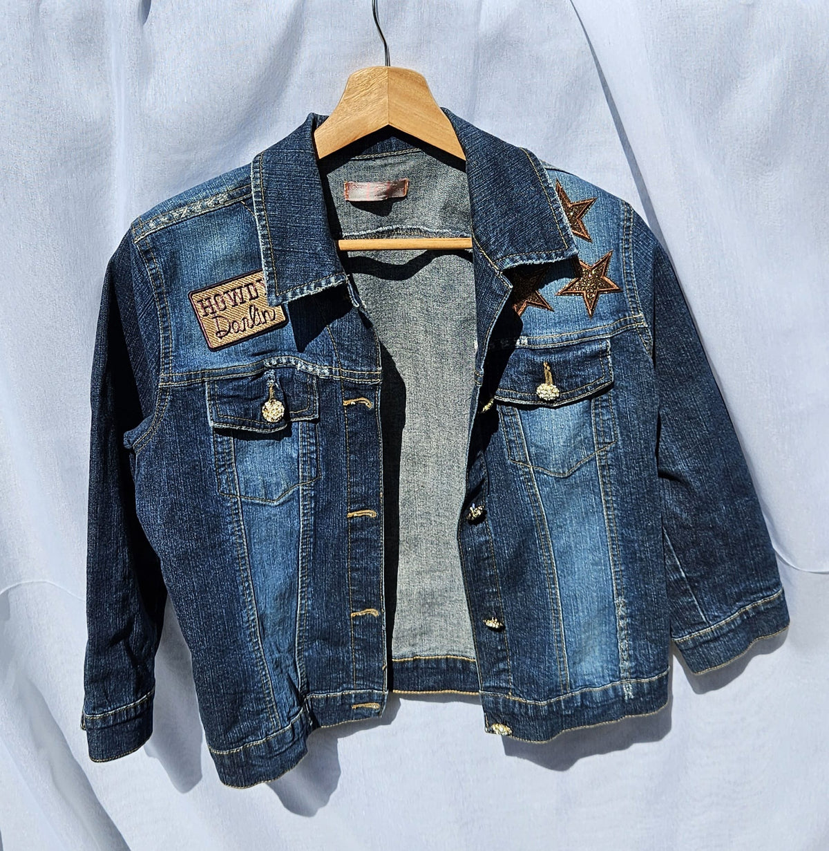 Upcycled 3/4 Sleeve Denim Jacket | HOWDY Patch, Star Embroidery, Country Music City Graphic