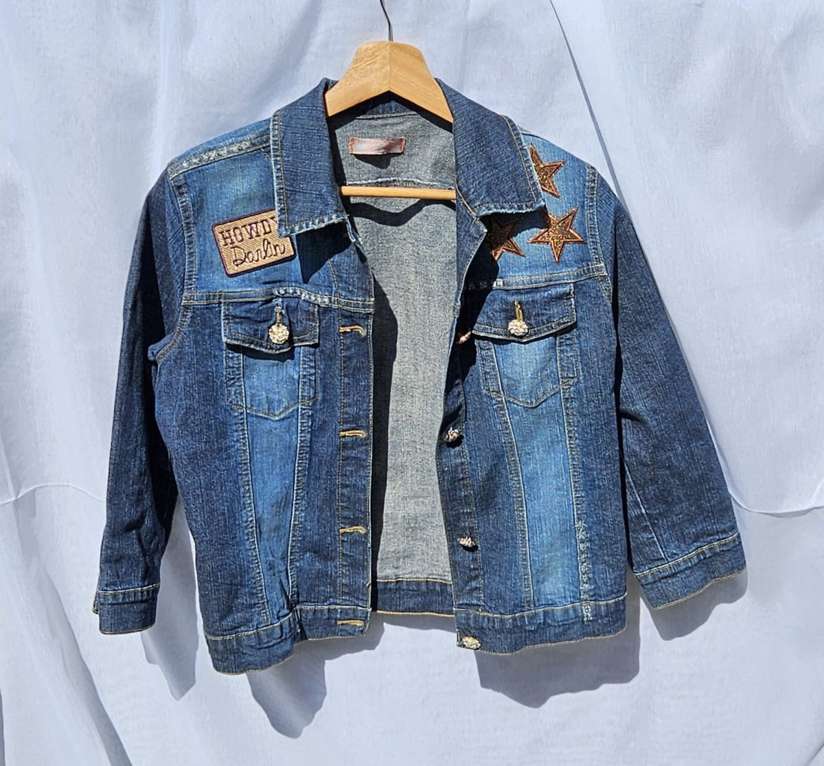 Upcycled 3/4 Sleeve Denim Jacket | HOWDY Patch, Star Embroidery, Country Music City Graphic