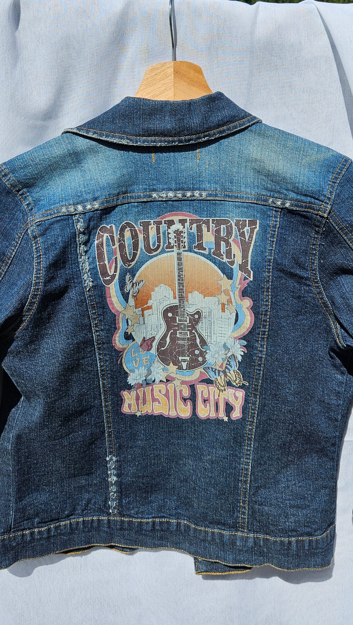 Upcycled 3/4 Sleeve Denim Jacket | HOWDY Patch, Star Embroidery, Country Music City Graphic