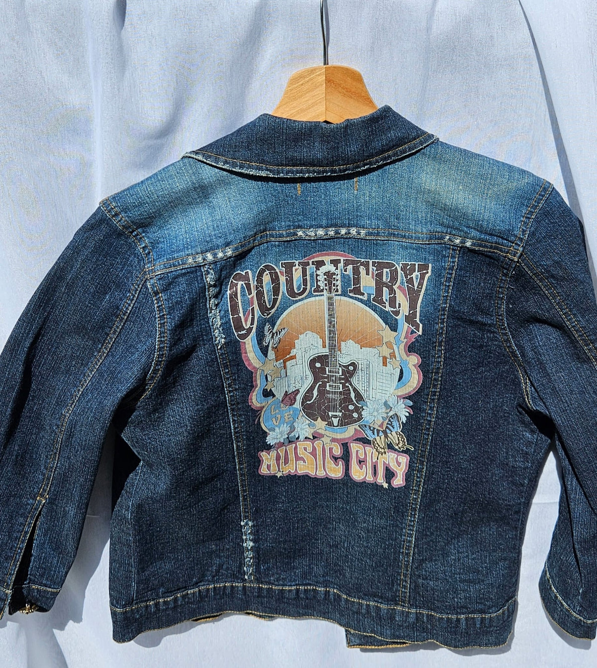 Upcycled 3/4 Sleeve Denim Jacket | HOWDY Patch, Star Embroidery, Country Music City Graphic