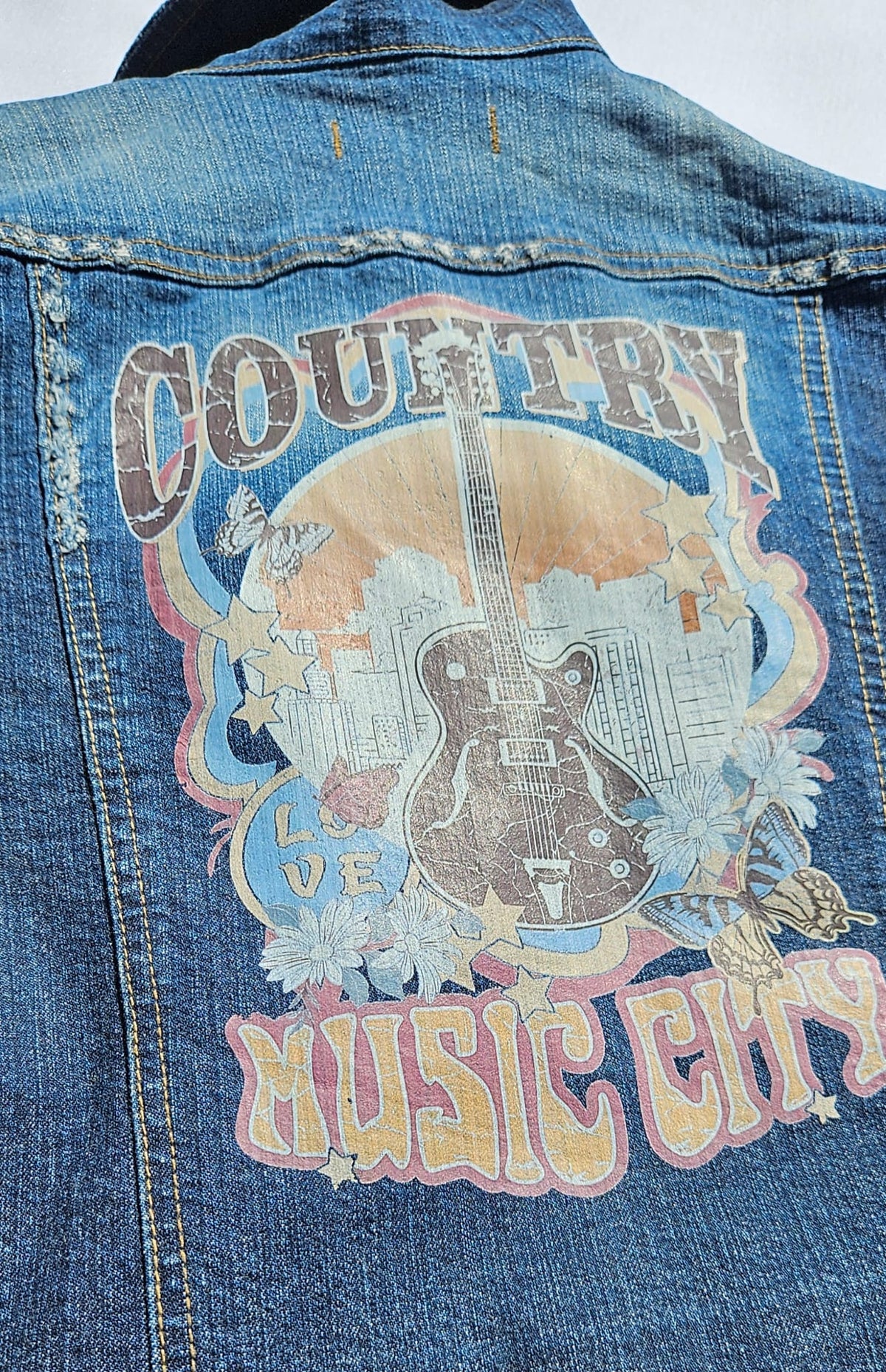 Upcycled 3/4 Sleeve Denim Jacket | HOWDY Patch, Star Embroidery, Country Music City Graphic