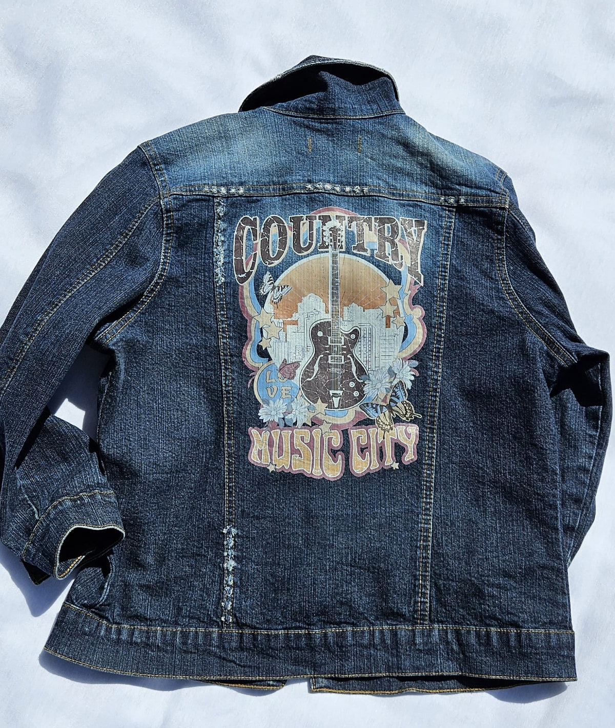 Upcycled 3/4 Sleeve Denim Jacket | HOWDY Patch, Star Embroidery, Country Music City Graphic