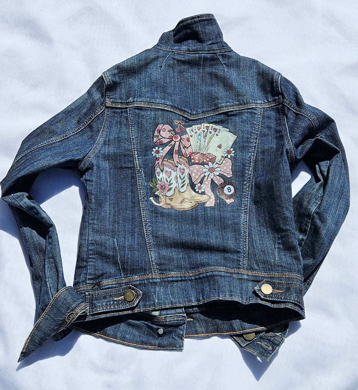 Custom Upcycled Denim Jacket | Western Cowgirl Boot Print, Leopard Patches