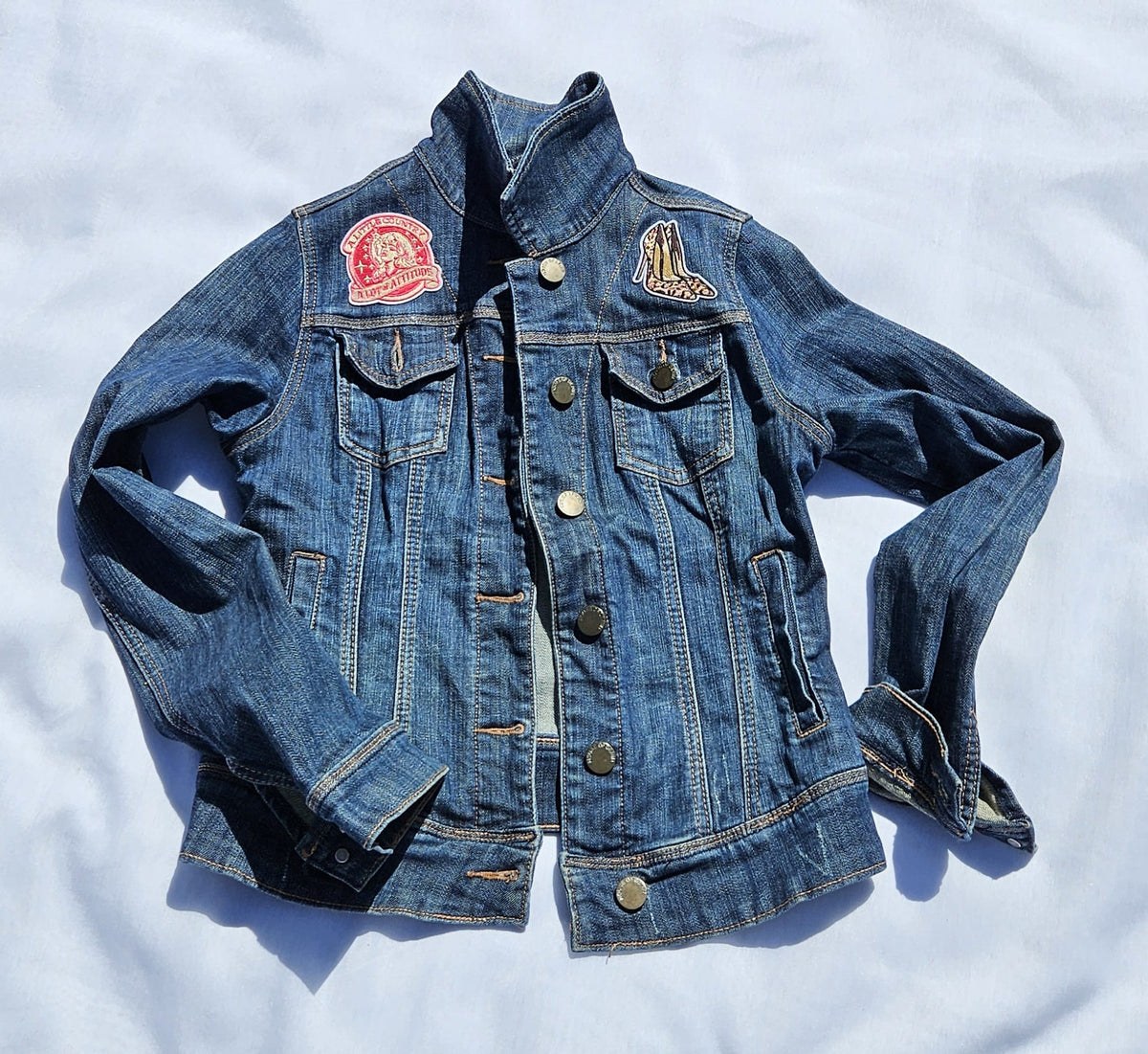 Custom Upcycled Denim Jacket | Western Cowgirl Boot Print, Leopard Patches