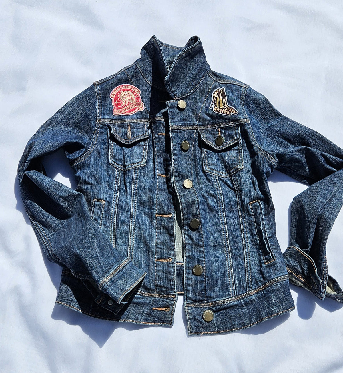 Custom Upcycled Denim Jacket | Western Cowgirl Boot Print, Leopard Patches