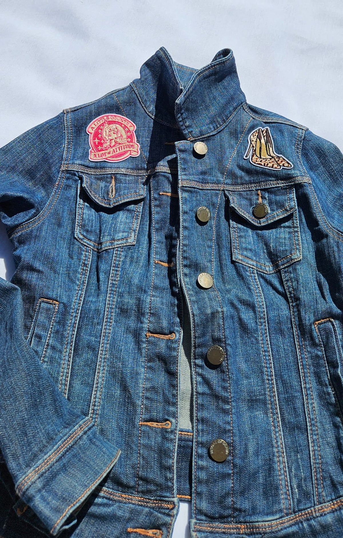 Custom Upcycled Denim Jacket | Western Cowgirl Boot Print, Leopard Patches