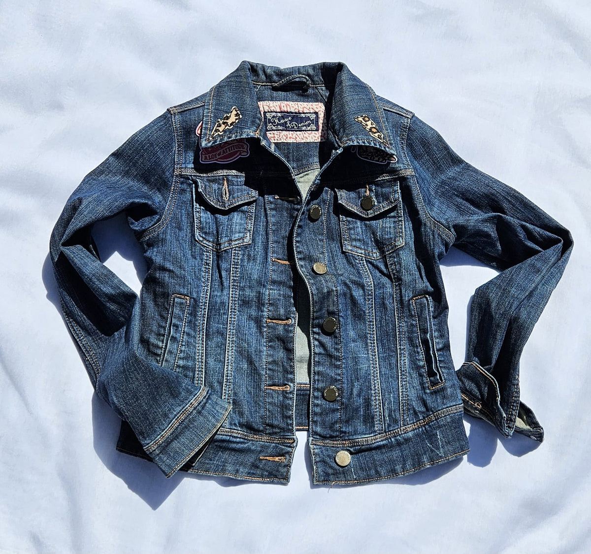 Custom Upcycled Denim Jacket | Western Cowgirl Boot Print, Leopard Patches