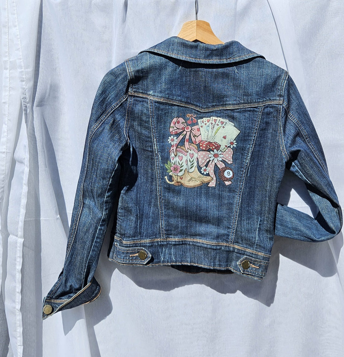 Custom Upcycled Denim Jacket | Western Cowgirl Boot Print, Leopard Patches