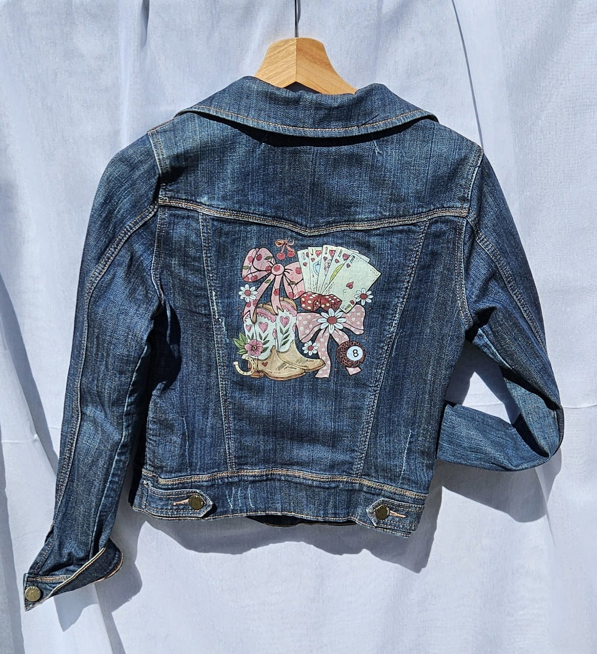 Custom Upcycled Denim Jacket | Western Cowgirl Boot Print, Leopard Patches