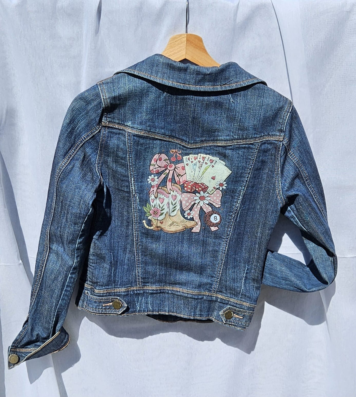 Custom Upcycled Denim Jacket | Western Cowgirl Boot Print, Leopard Patches
