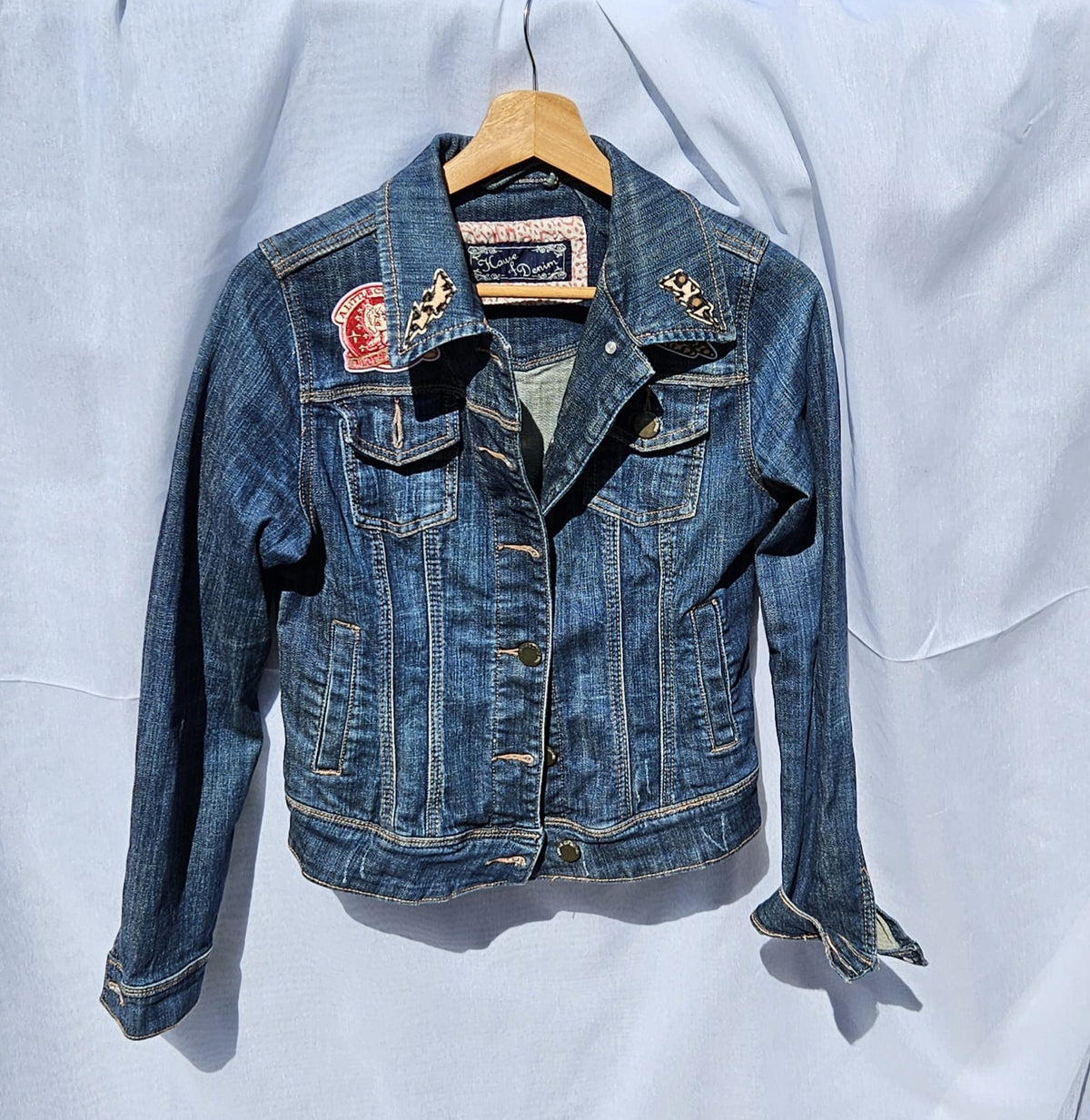 Custom Upcycled Denim Jacket | Western Cowgirl Boot Print, Leopard Patches