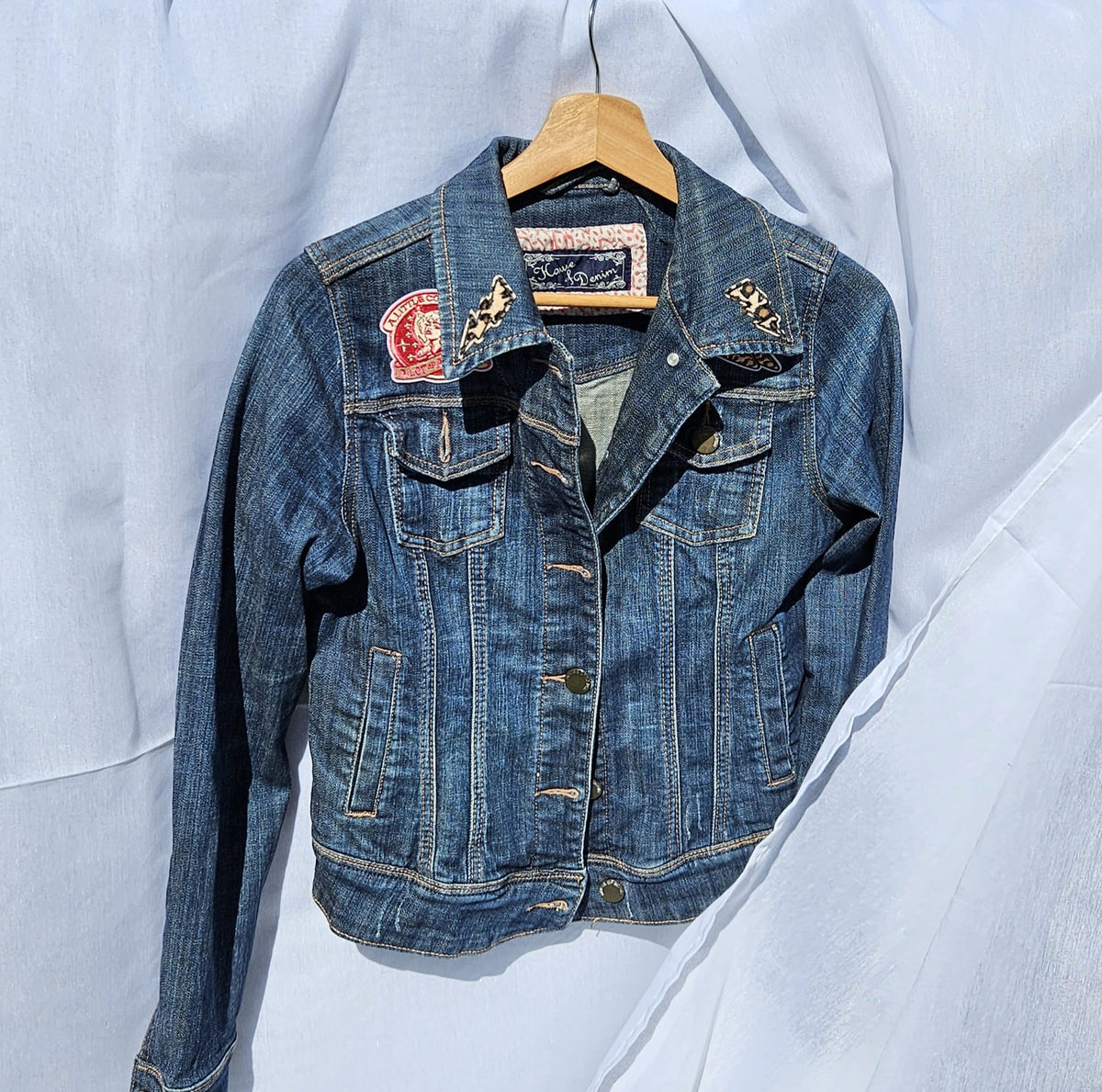 Custom Upcycled Denim Jacket | Western Cowgirl Boot Print, Leopard Patches