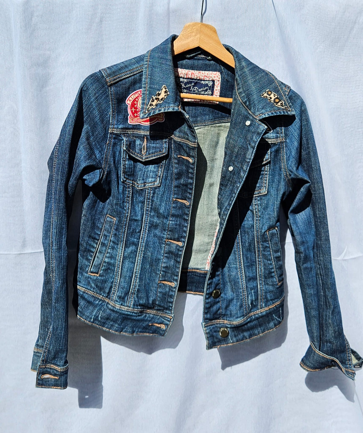 Custom Upcycled Denim Jacket | Western Cowgirl Boot Print, Leopard Patches