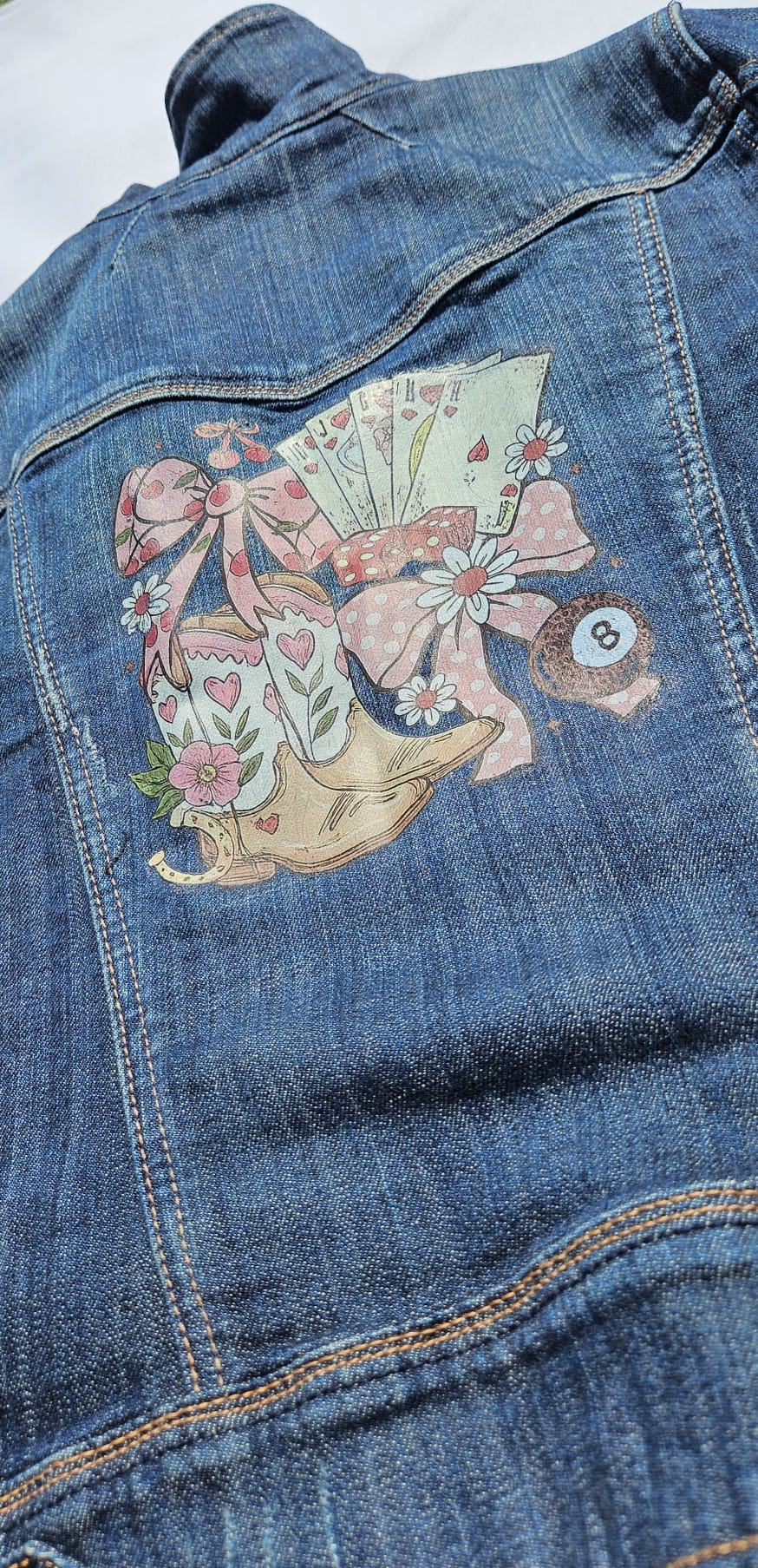 Custom Upcycled Denim Jacket | Western Cowgirl Boot Print, Leopard Patches