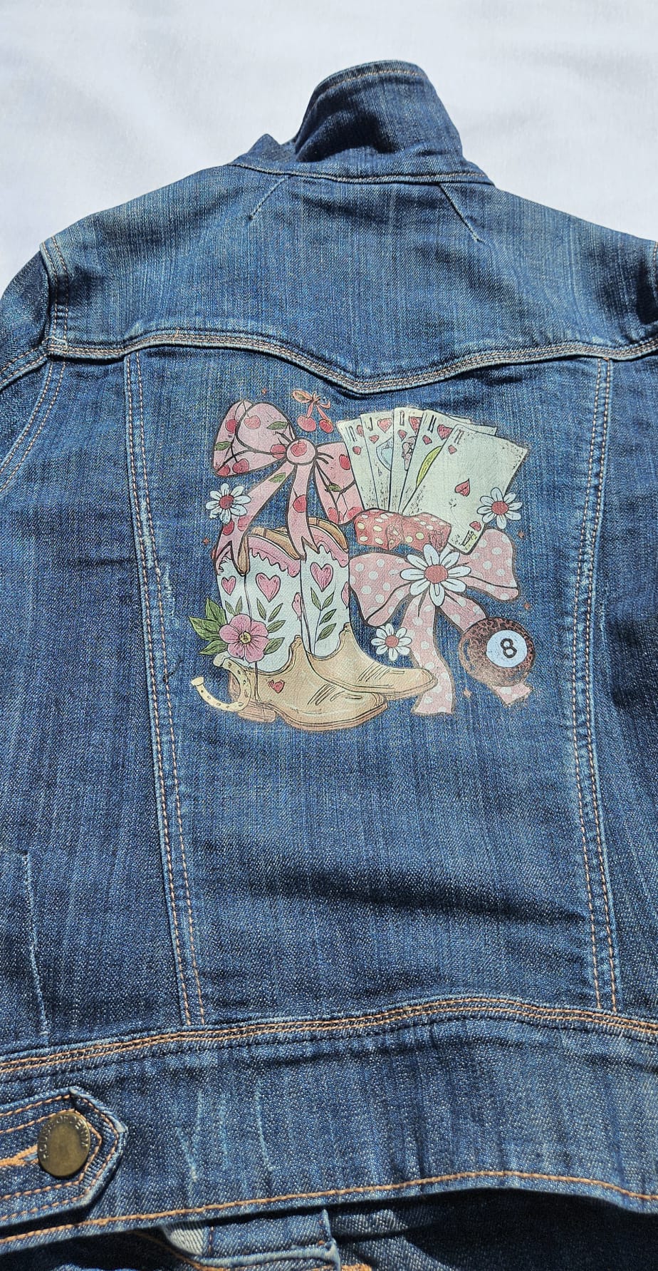 Custom Upcycled Denim Jacket | Western Cowgirl Boot Print, Leopard Patches