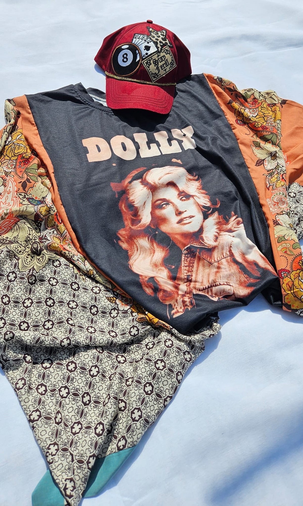 Dolly Parton Western Graphic Tee with Vibrant Floral Kimono for Festival, Concert, Rodeo Style