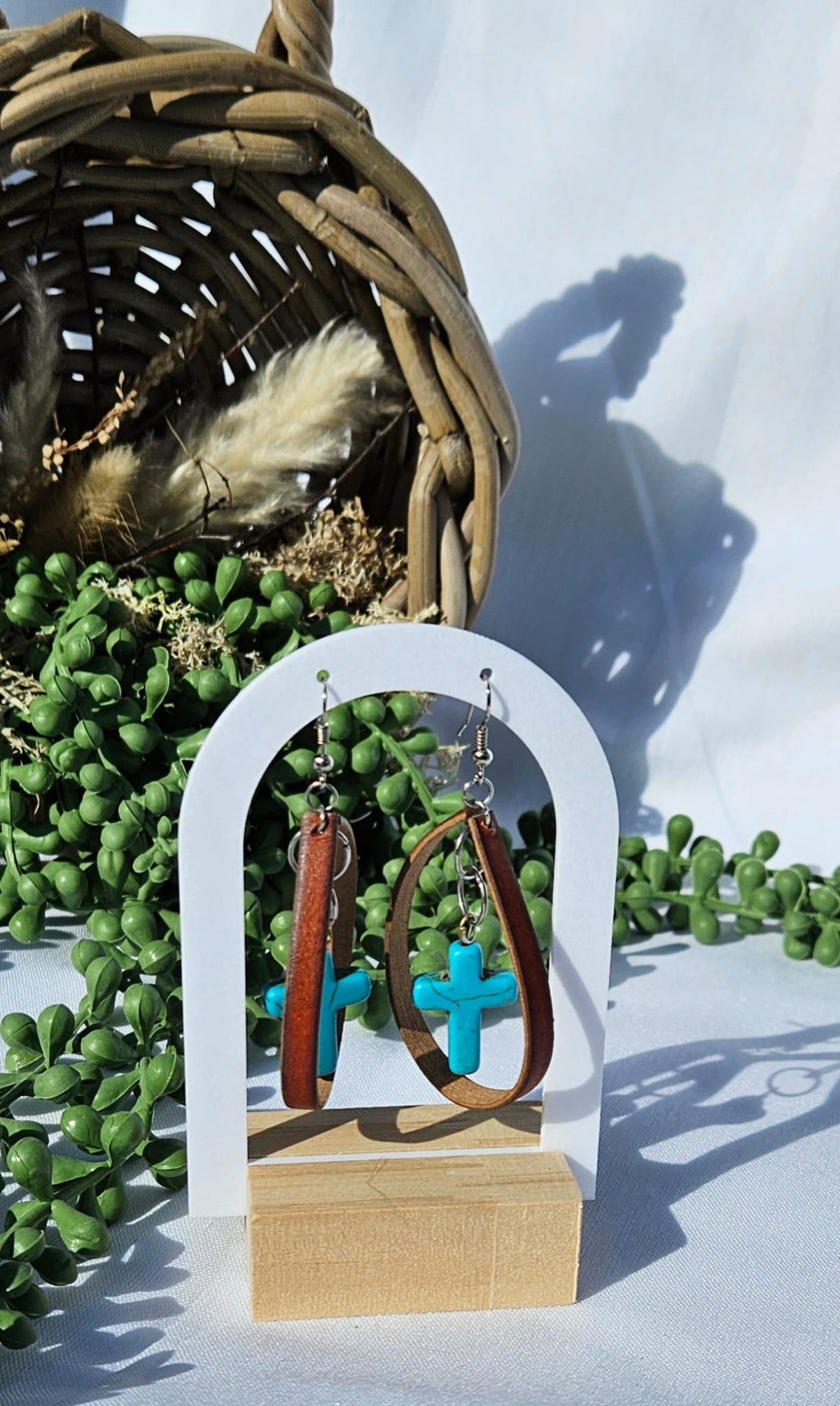 Leather Turquoise Cross Earrings • Western Cowgirl Jewellery • Rustic Boho Drop Earrings Handmade