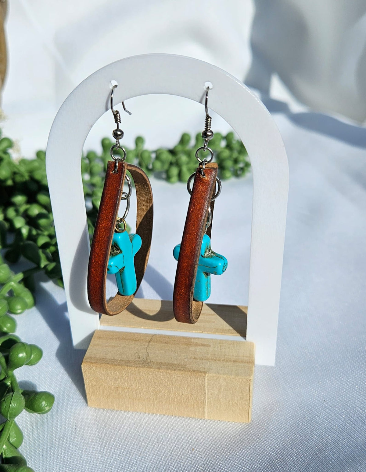 Leather Turquoise Cross Earrings • Western Cowgirl Jewellery • Rustic Boho Drop Earrings Handmade