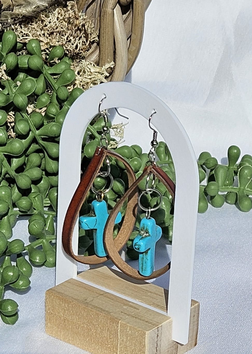 Leather Turquoise Cross Earrings • Western Cowgirl Jewellery • Rustic Boho Drop Earrings Handmade