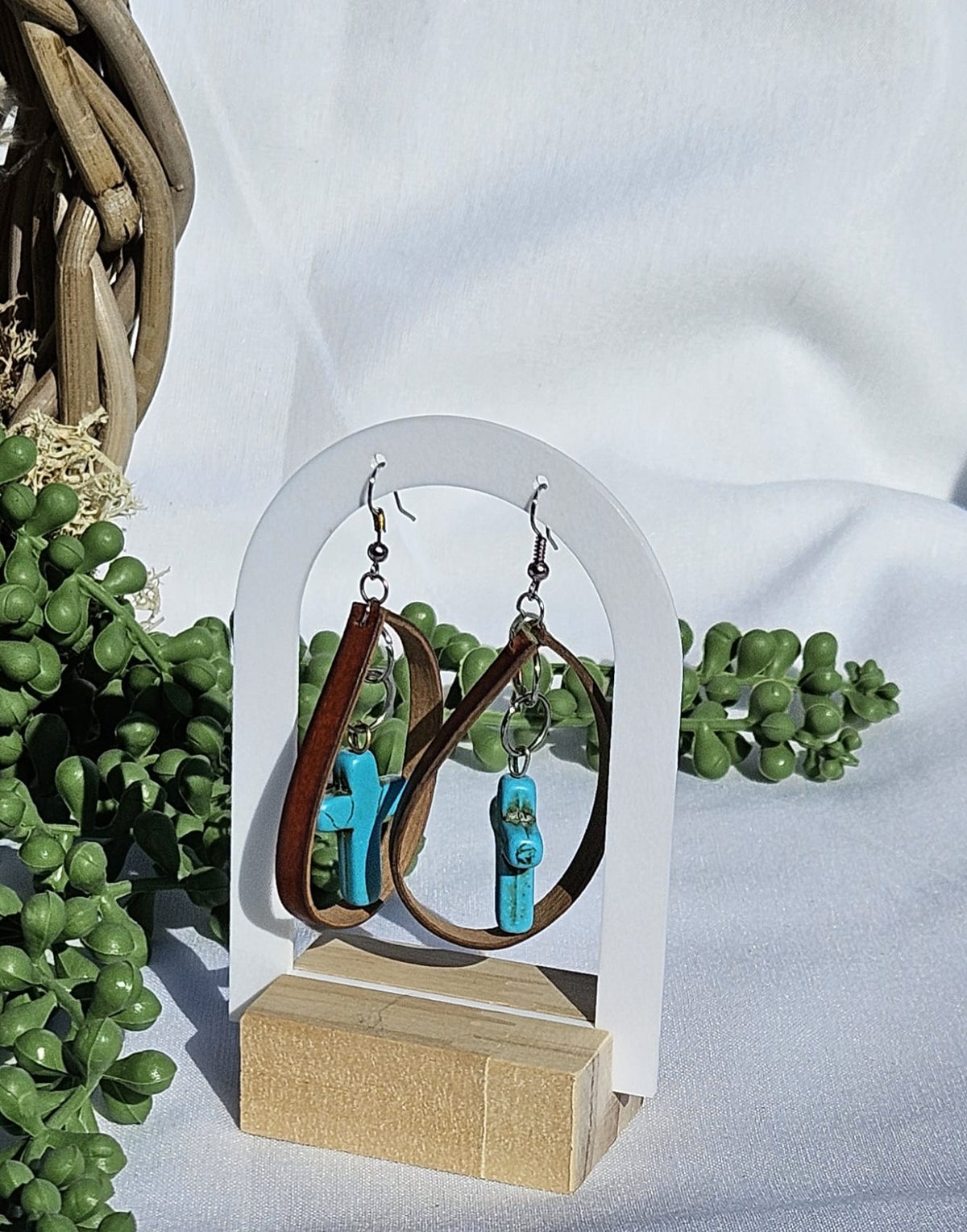 Leather Turquoise Cross Earrings • Western Cowgirl Jewellery • Rustic Boho Drop Earrings Handmade