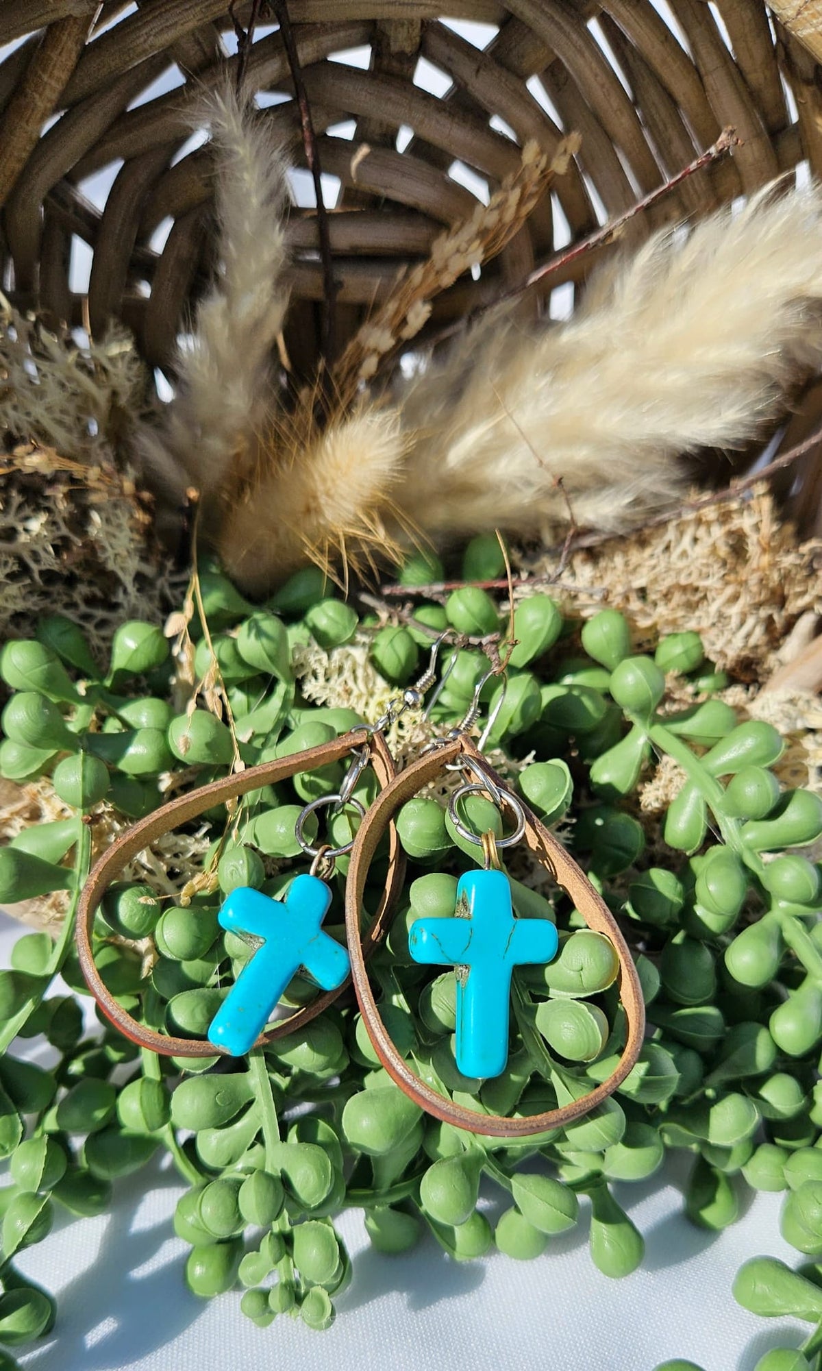 Leather Turquoise Cross Earrings • Western Cowgirl Jewellery • Rustic Boho Drop Earrings Handmade