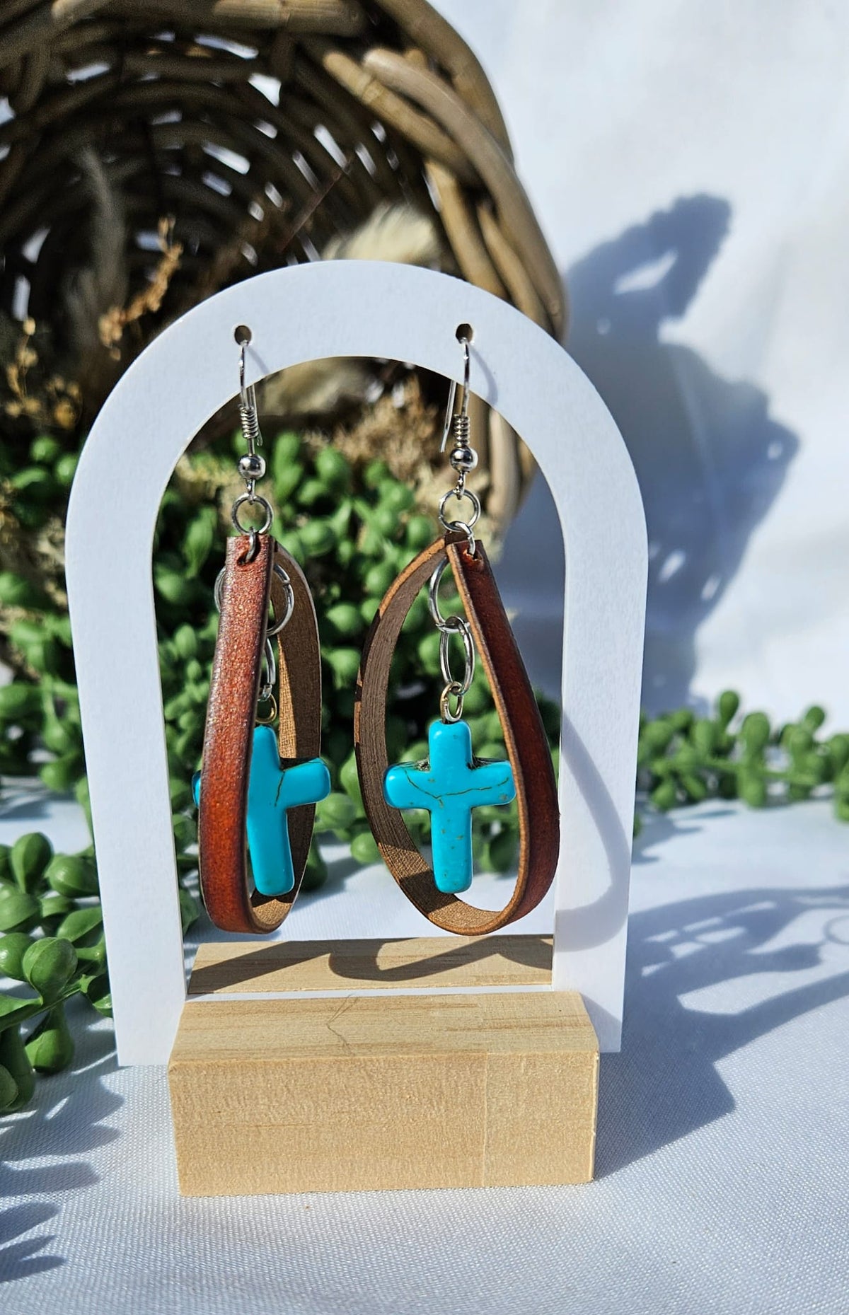 Leather Turquoise Cross Earrings • Western Cowgirl Jewellery • Rustic Boho Drop Earrings Handmade