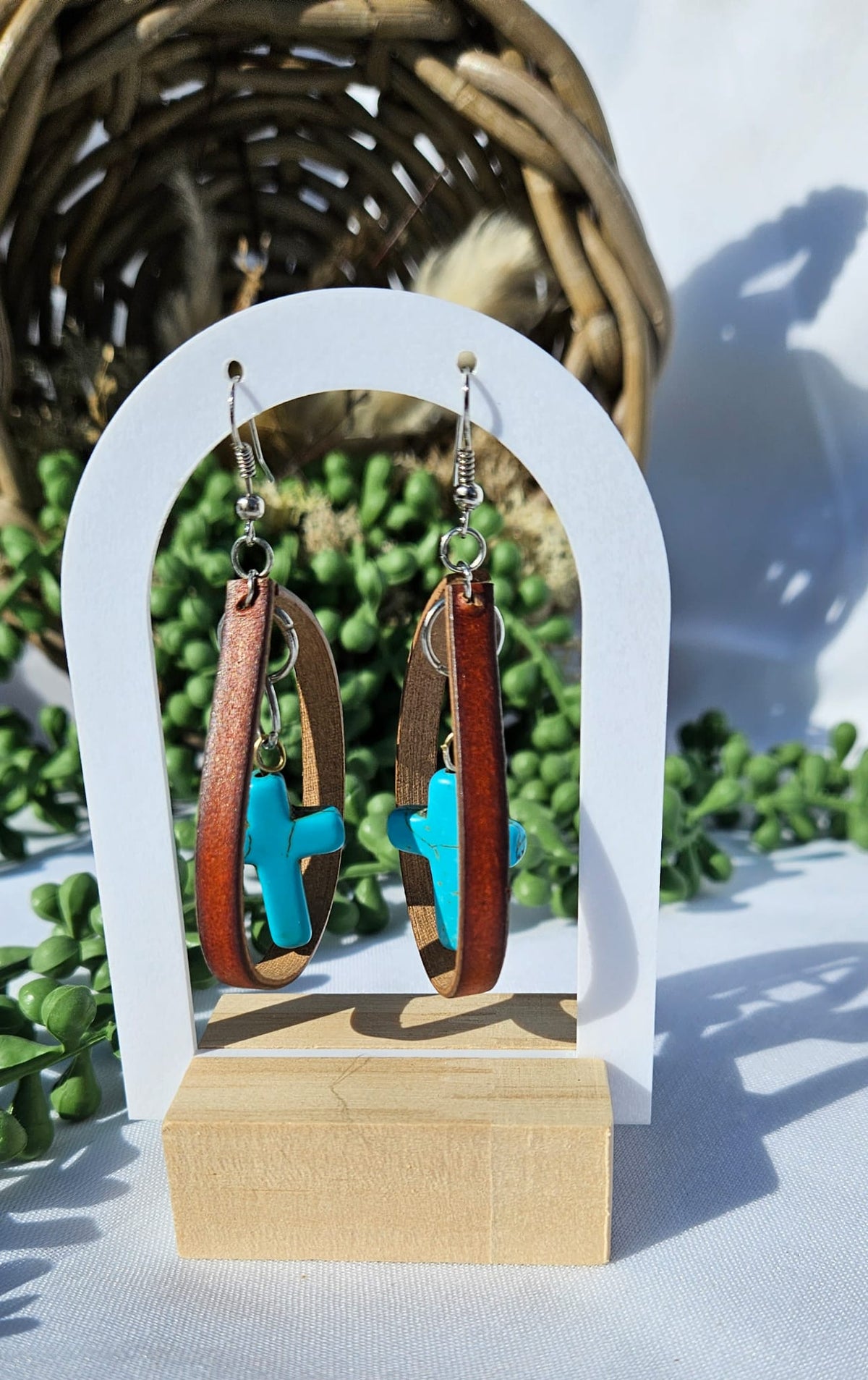 Leather Turquoise Cross Earrings • Western Cowgirl Jewellery • Rustic Boho Drop Earrings Handmade