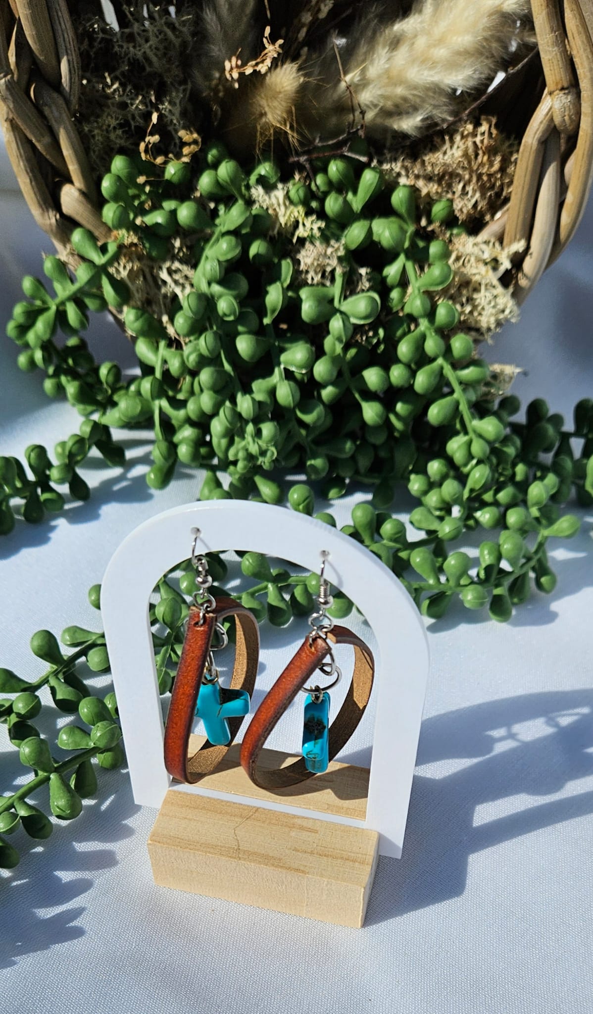 Leather Turquoise Cross Earrings • Western Cowgirl Jewellery • Rustic Boho Drop Earrings Handmade