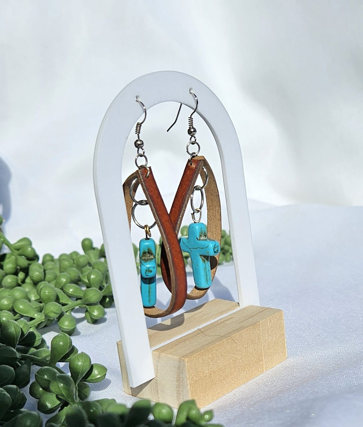 Leather Turquoise Cross Earrings • Western Cowgirl Jewellery • Rustic Boho Drop Earrings Handmade