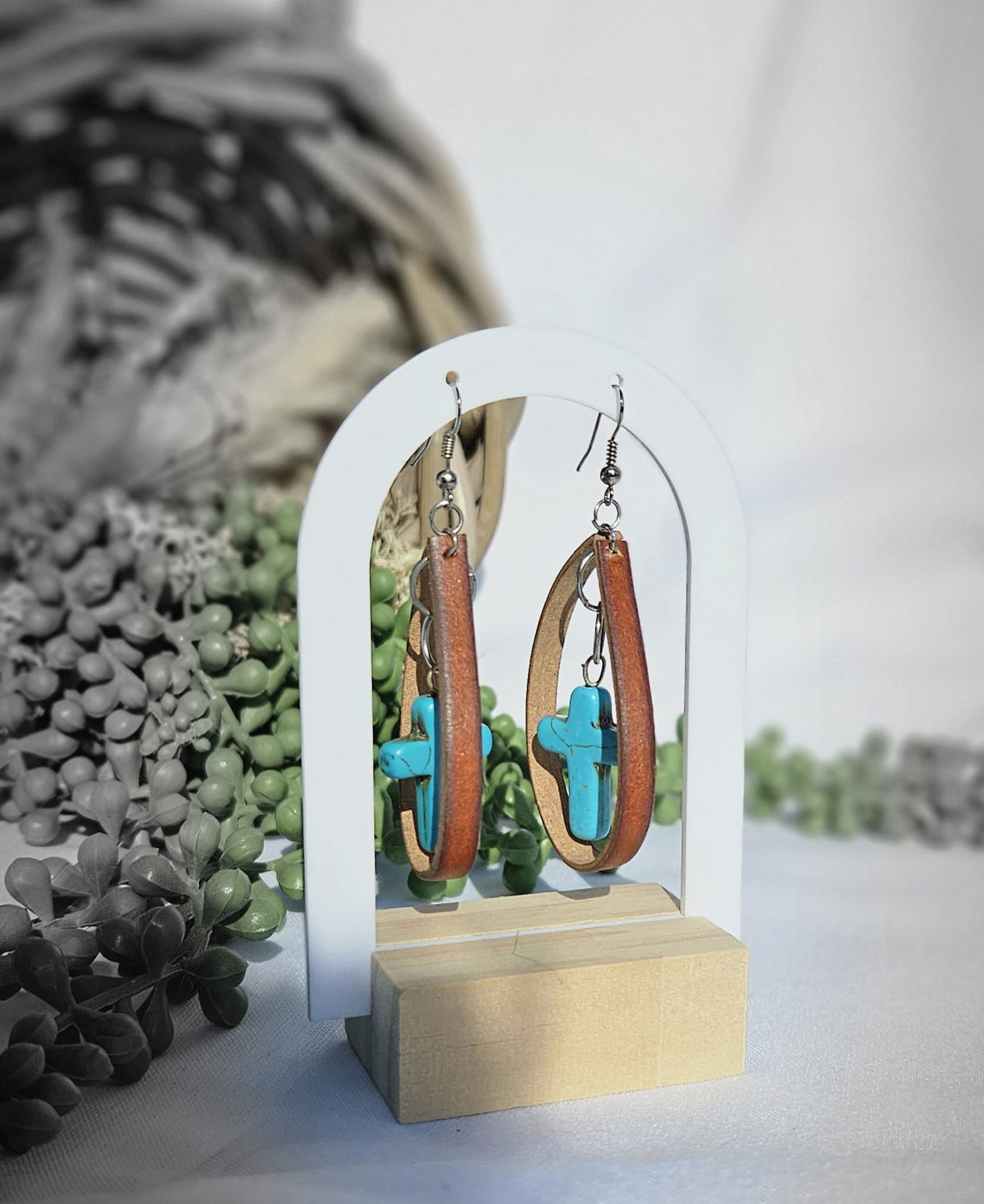 Leather Turquoise Cross Earrings • Western Cowgirl Jewellery • Rustic Boho Drop Earrings Handmade