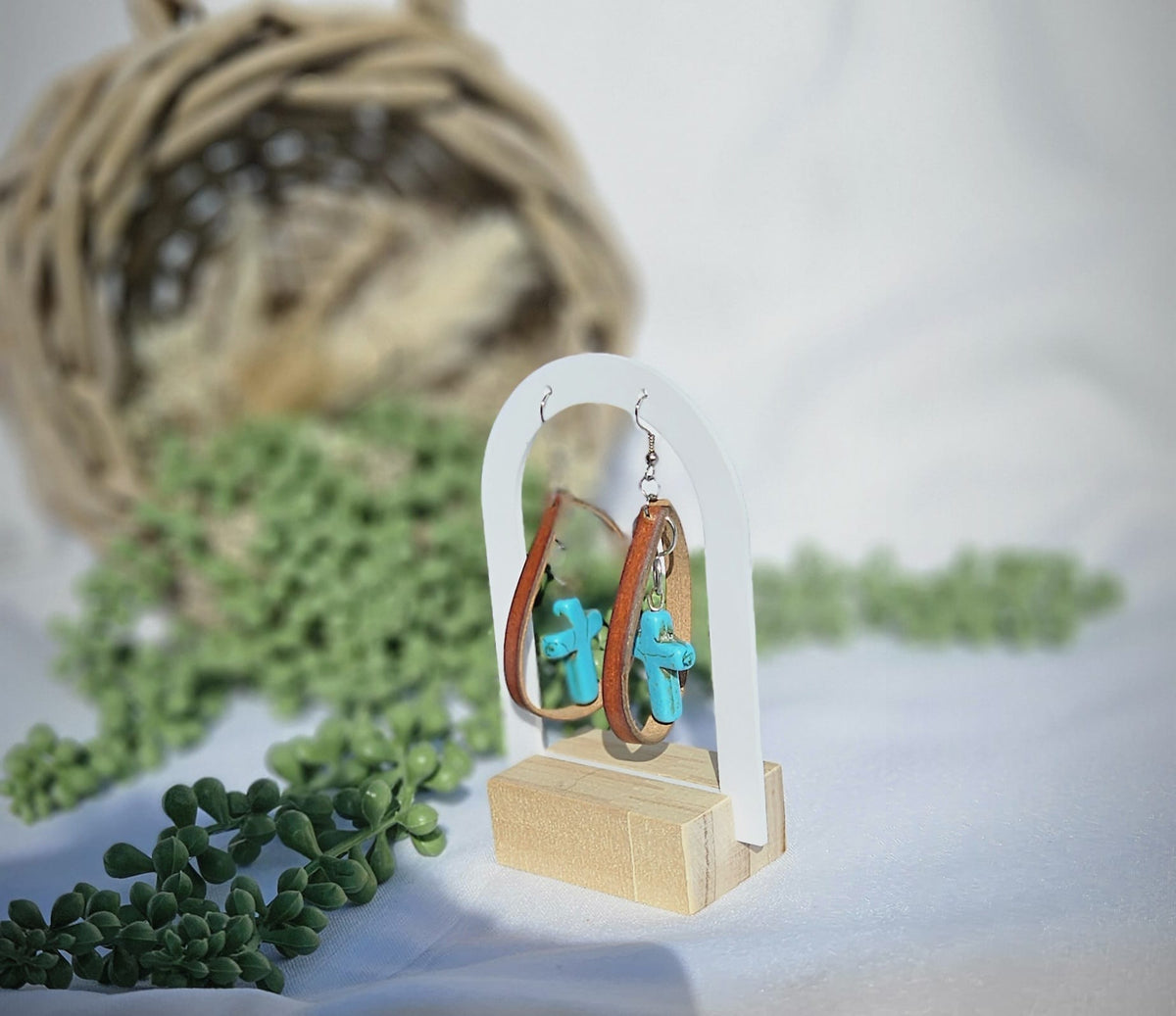 Leather Turquoise Cross Earrings • Western Cowgirl Jewellery • Rustic Boho Drop Earrings Handmade