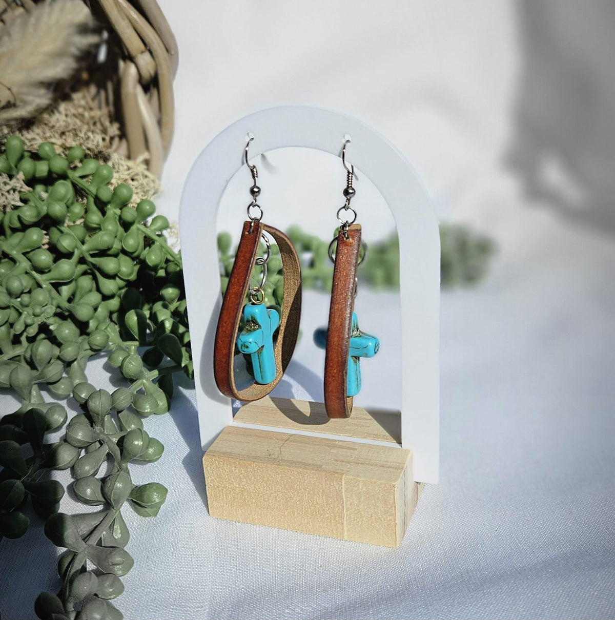 Leather Turquoise Cross Earrings • Western Cowgirl Jewellery • Rustic Boho Drop Earrings Handmade