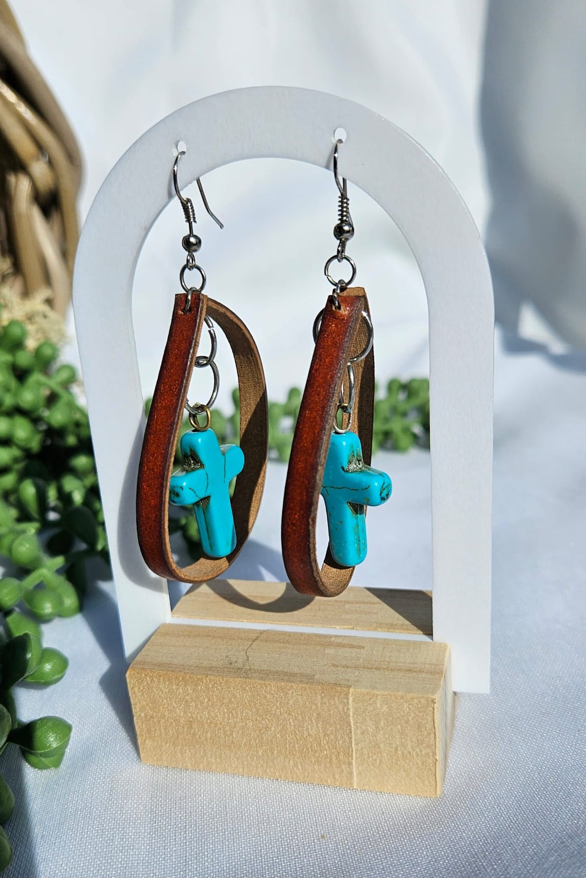 Leather Turquoise Cross Earrings • Western Cowgirl Jewellery • Rustic Boho Drop Earrings Handmade