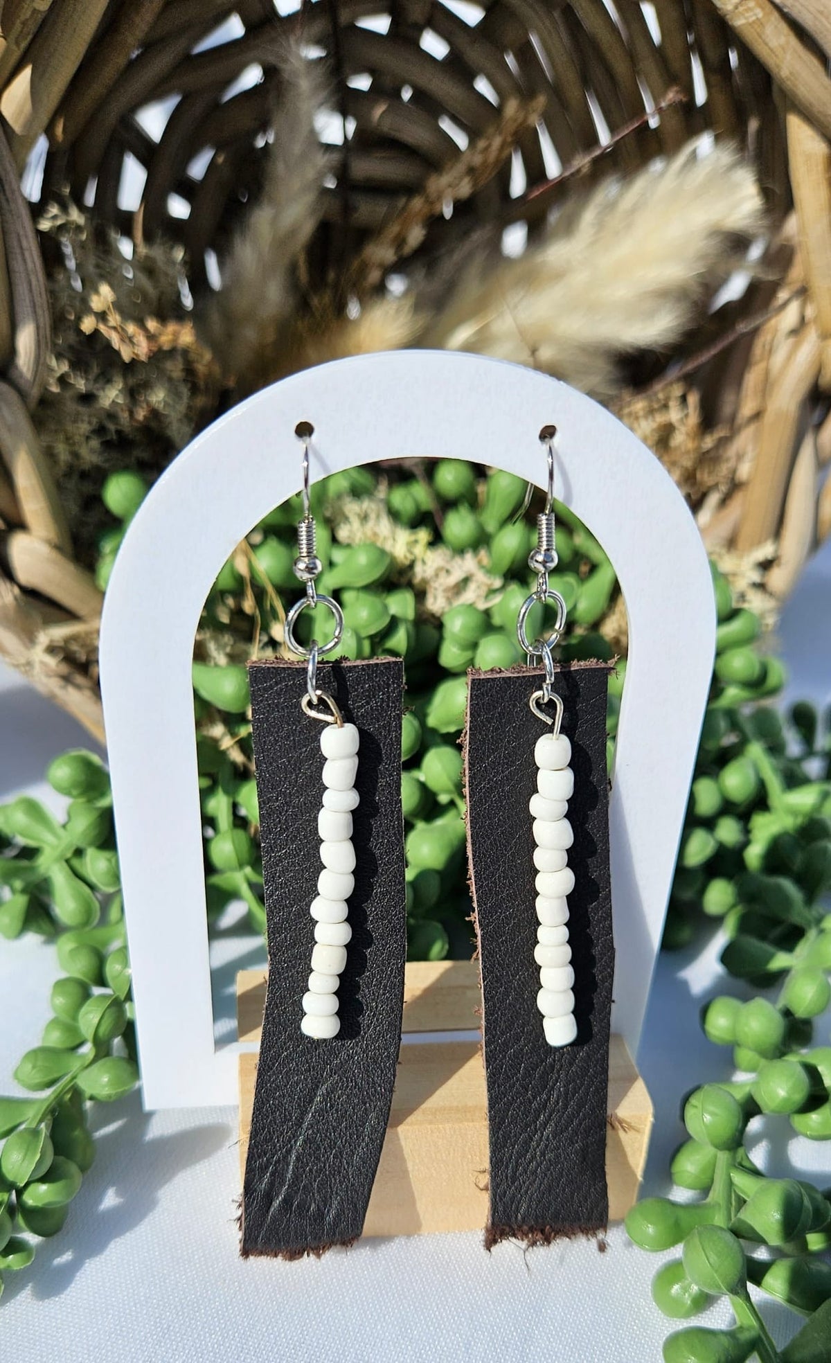 Brown Leather Bead Earrings • Handmade Western Jewellery • Rustic Boho Drop Earrings Gift