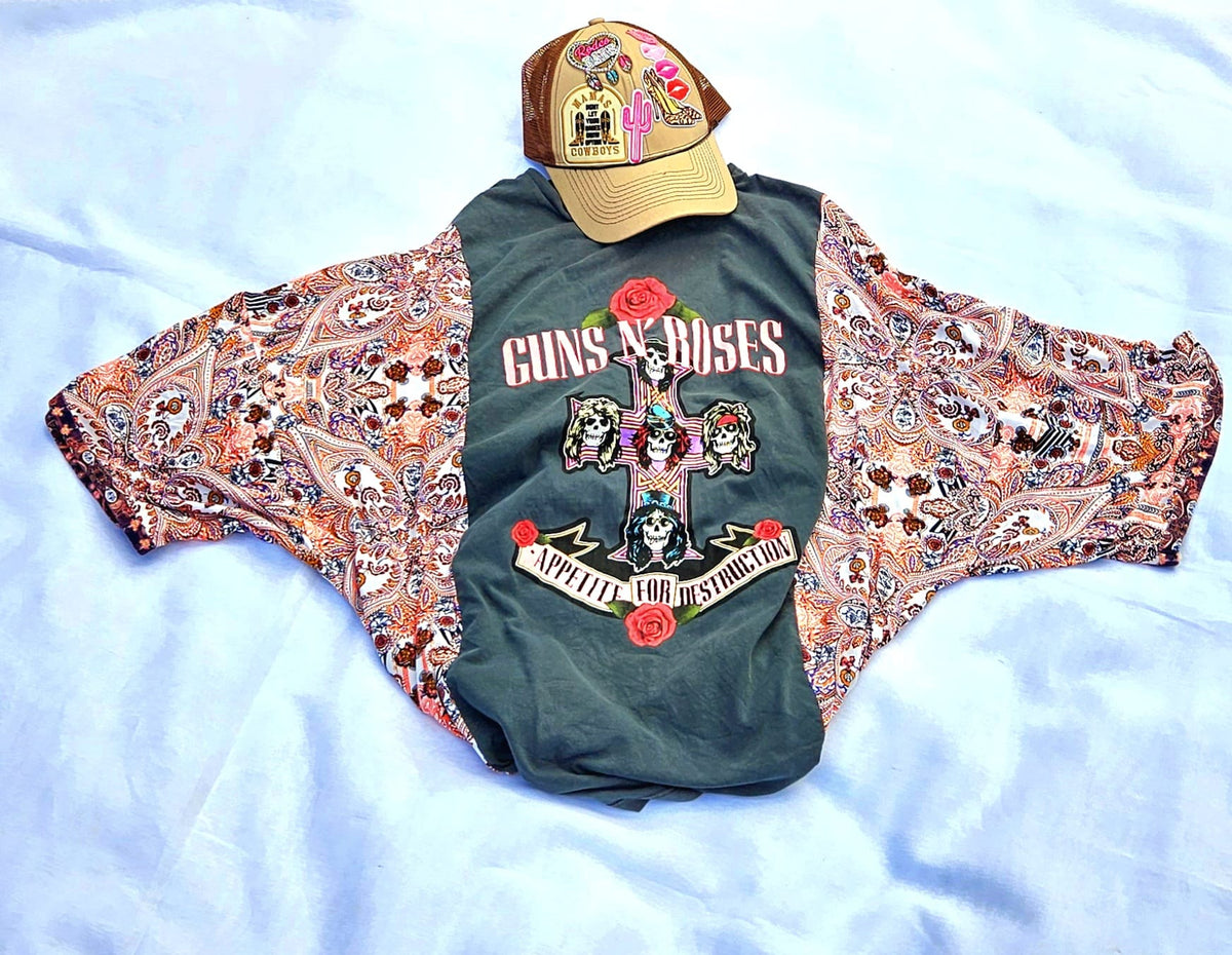Guns N’ Roses Kimono Tee | Upcycled Band Shirt | Rock Boho Top | Handmade Western Boho Clothing | Unique GNR Apparel