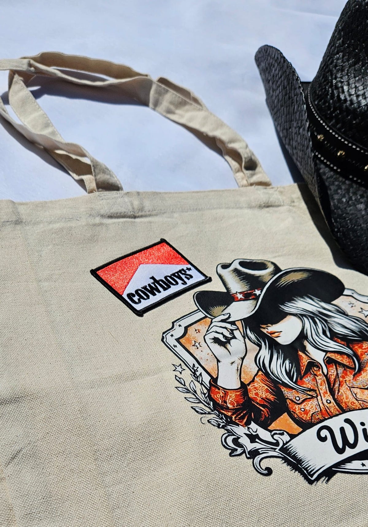 Western Canvas Tote Bag | "Cowboys Wild" Graphic, Rustic Cowboy Hat Design