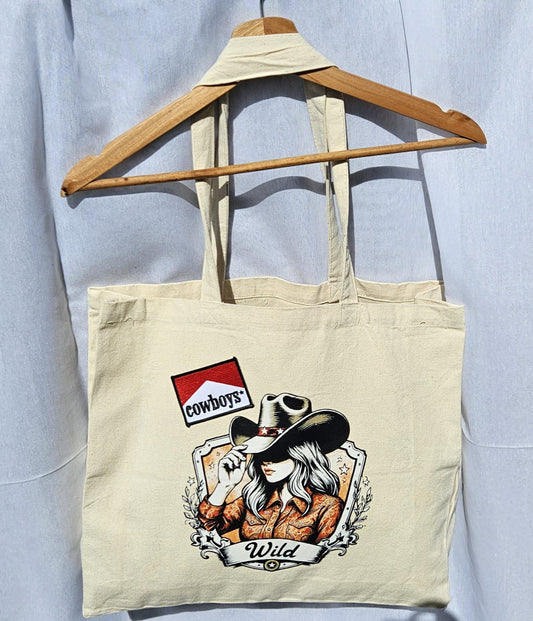 Western Canvas Tote Bag | "Cowboys Wild" Graphic, Rustic Cowboy Hat Design