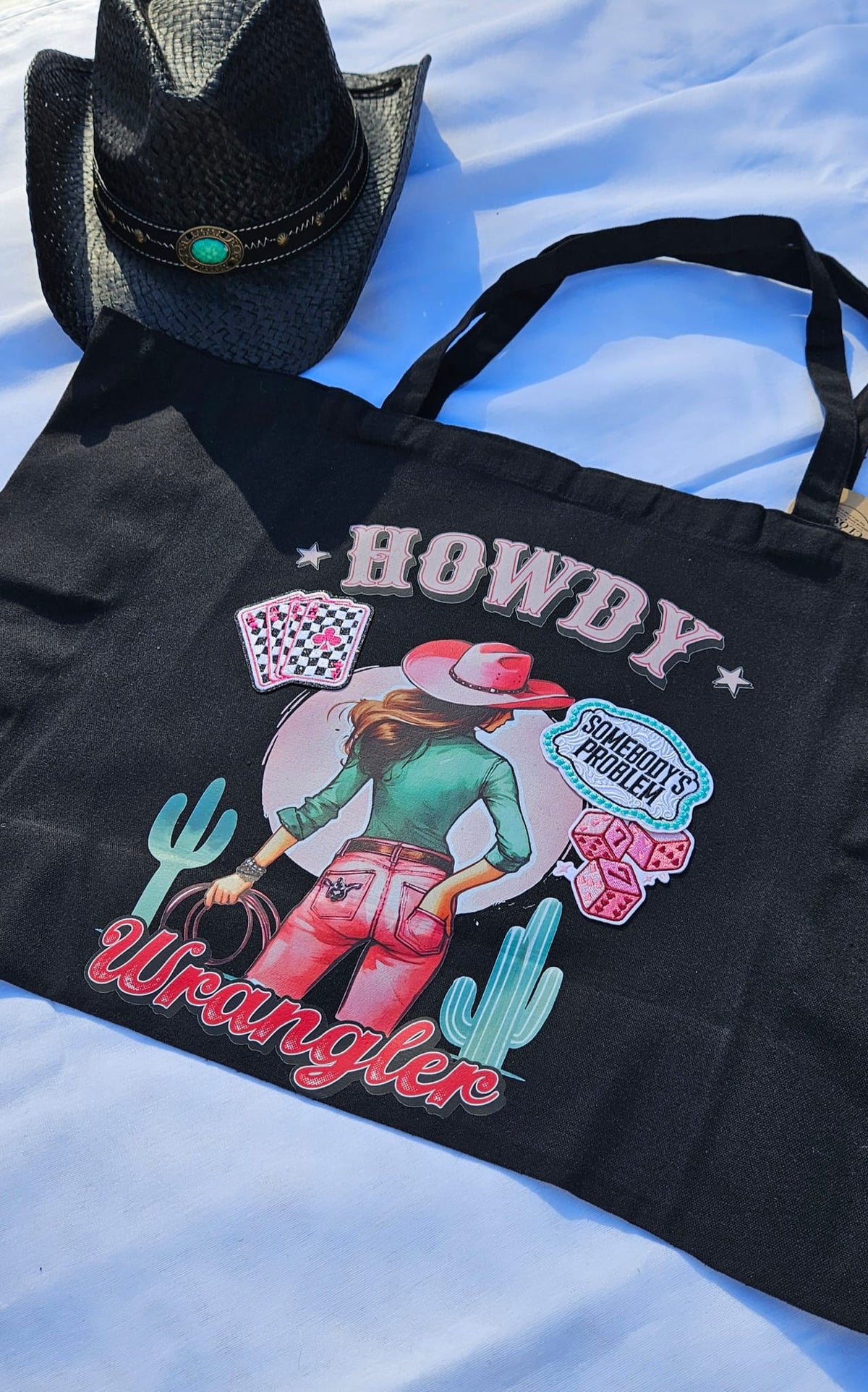 Black XL Western Shopper Bag – Howdy Wrangler & Cowgirl Graphic Tote | All from the Closet